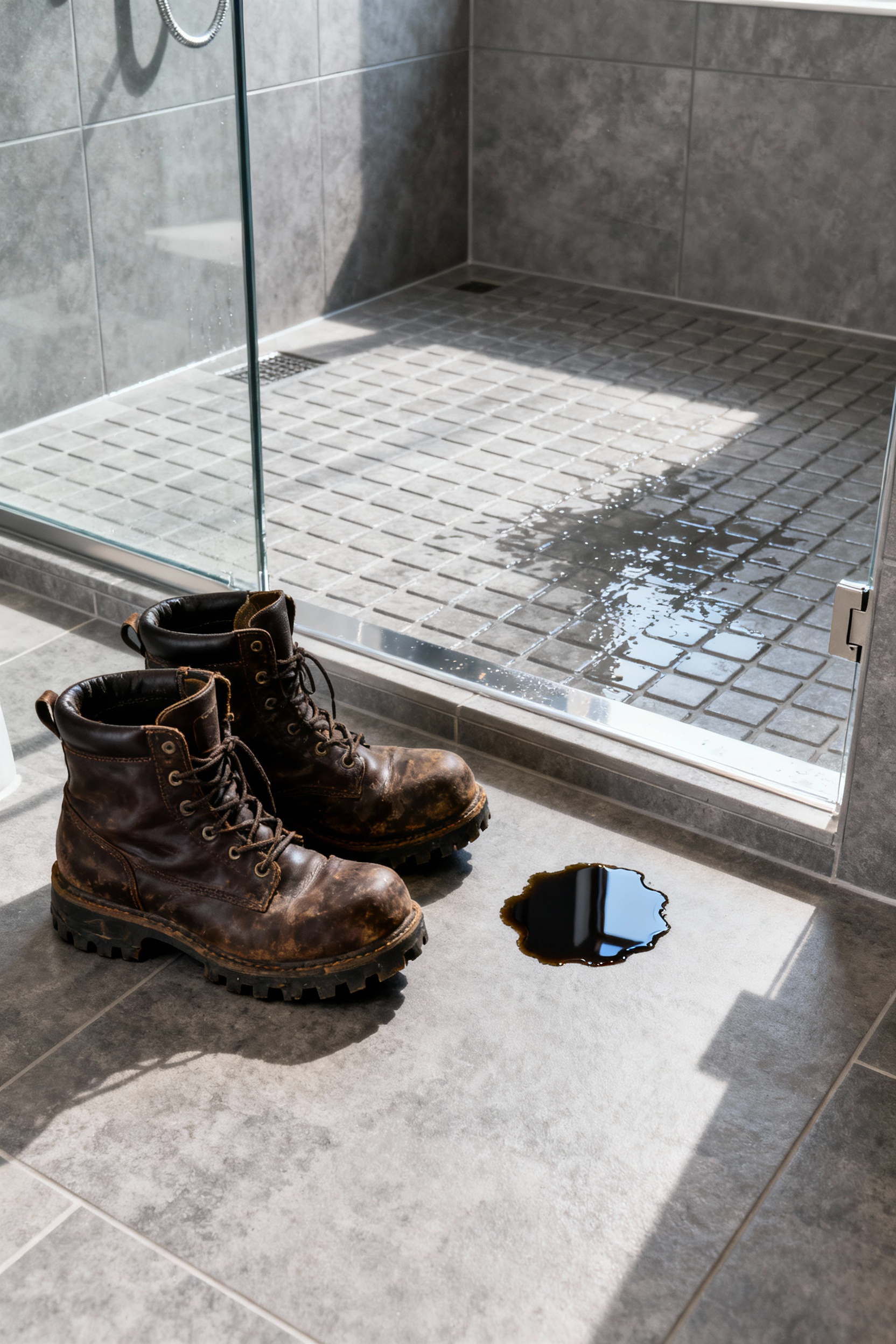 A modern walk-in shower area featuring textured anti-slip tiles, with industrial work boots and a small oil puddle resting just outside the wet zone, illustrating the misleading nature of the R-Rating slip resistance standard for residential bathrooms.