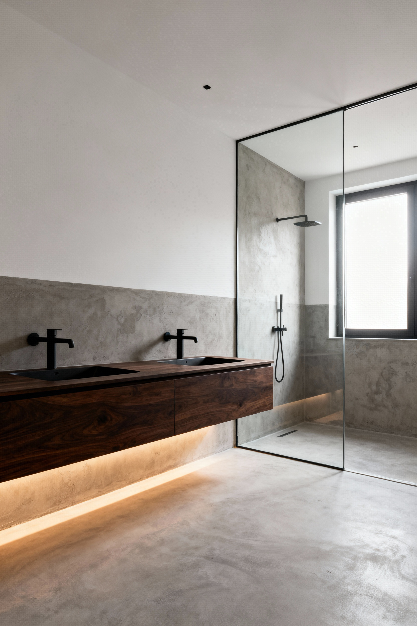 Seamless light gray micro-cement flooring and wall coating in a high-end modern industrial chic bathroom featuring a floating walnut vanity and black fixtures.