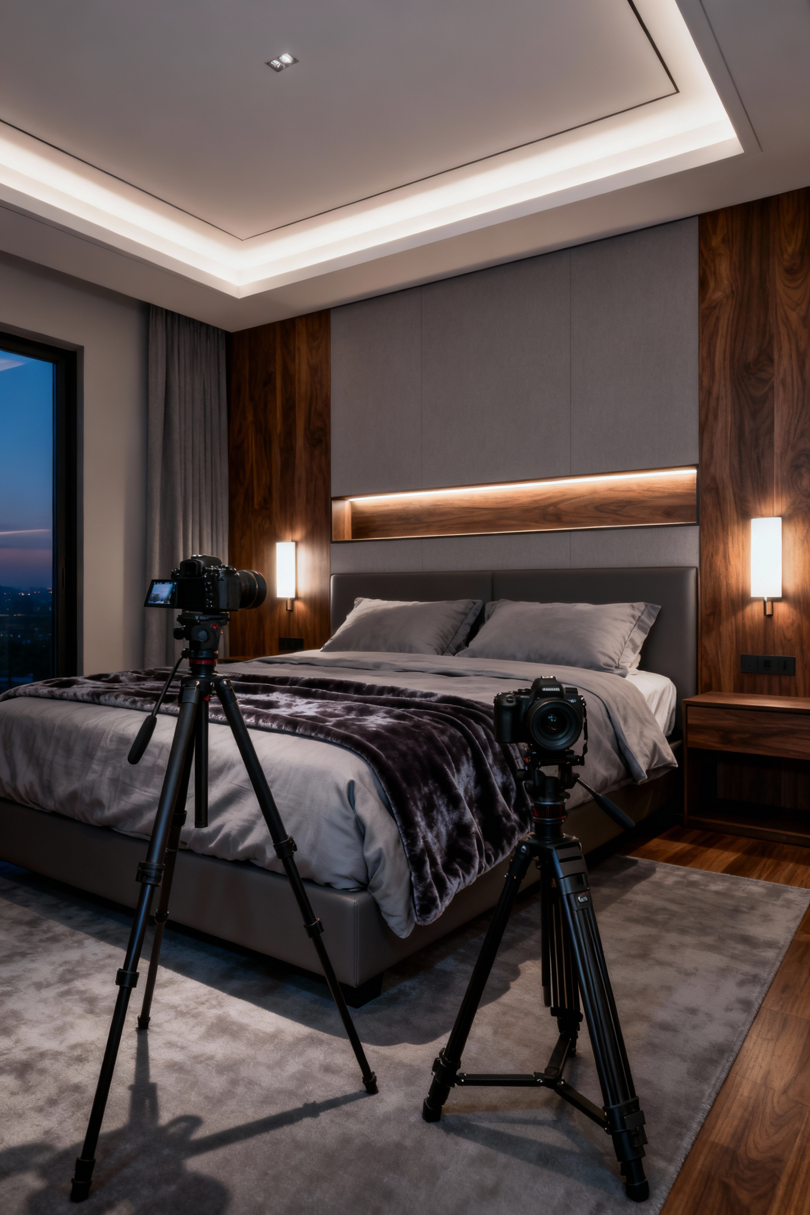 A luxurious modern bedroom interior illuminated by programmable warm-white smart lighting profiles activated by a scene switch.