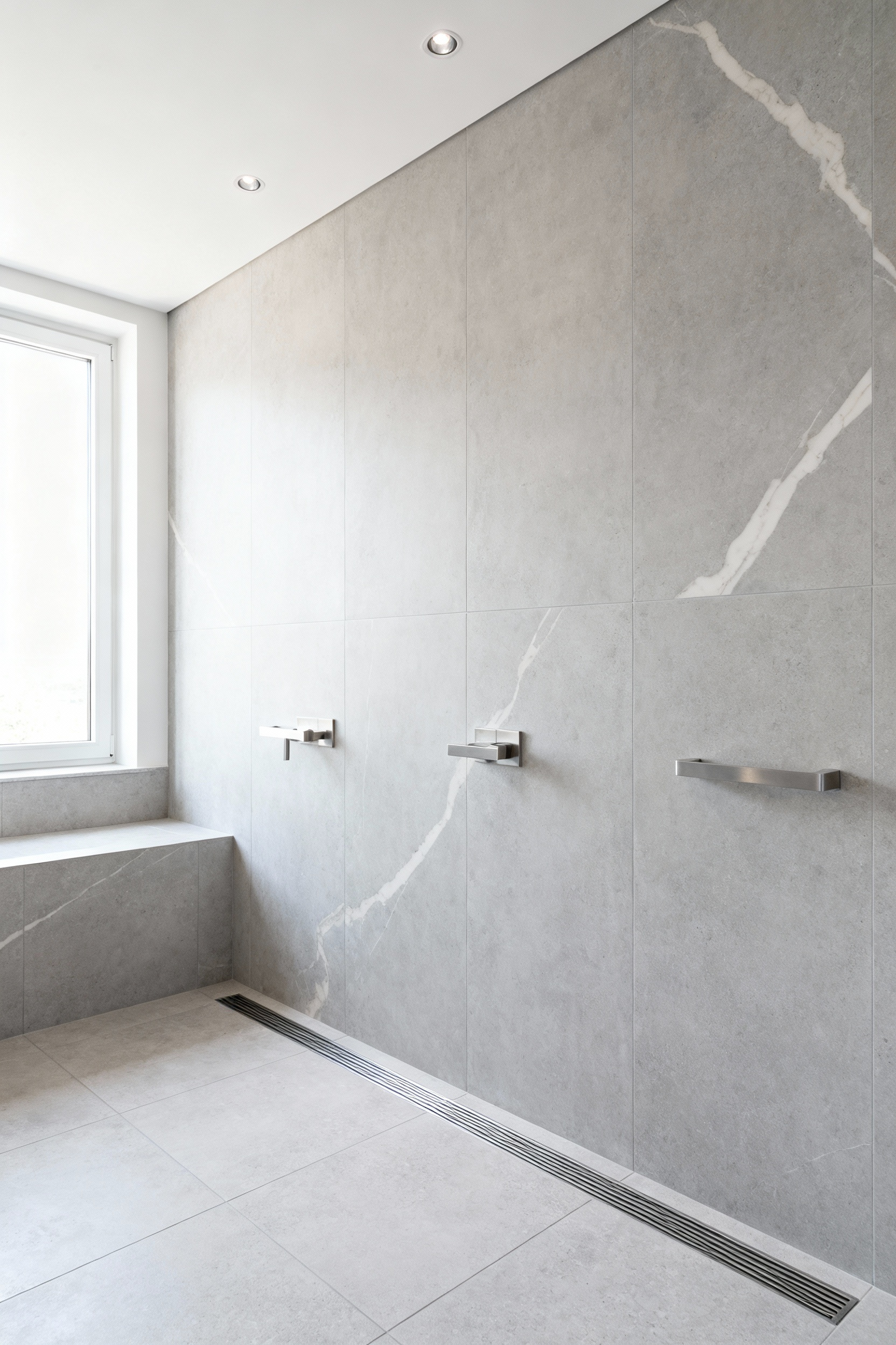 A modern, seamless walk-in shower featuring large-format light gray porcelain slabs covering the walls, demonstrating minimal grout lines for superior hygiene and a clean architectural aesthetic.