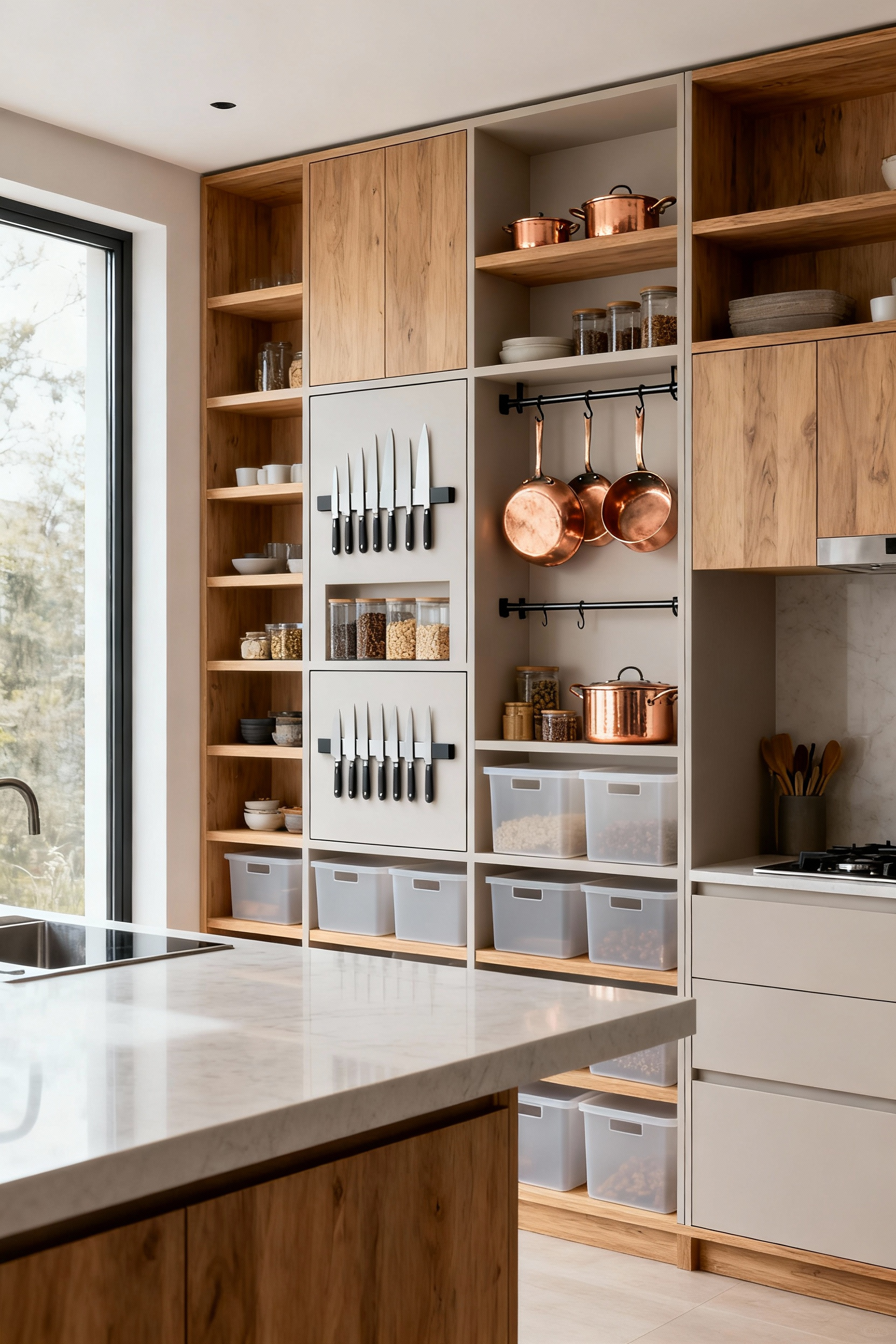 Modern kitchen with sleek modular storage wall featuring adjustable shelves, magnetic knife strip, pot racks, and bins for flexible organization.