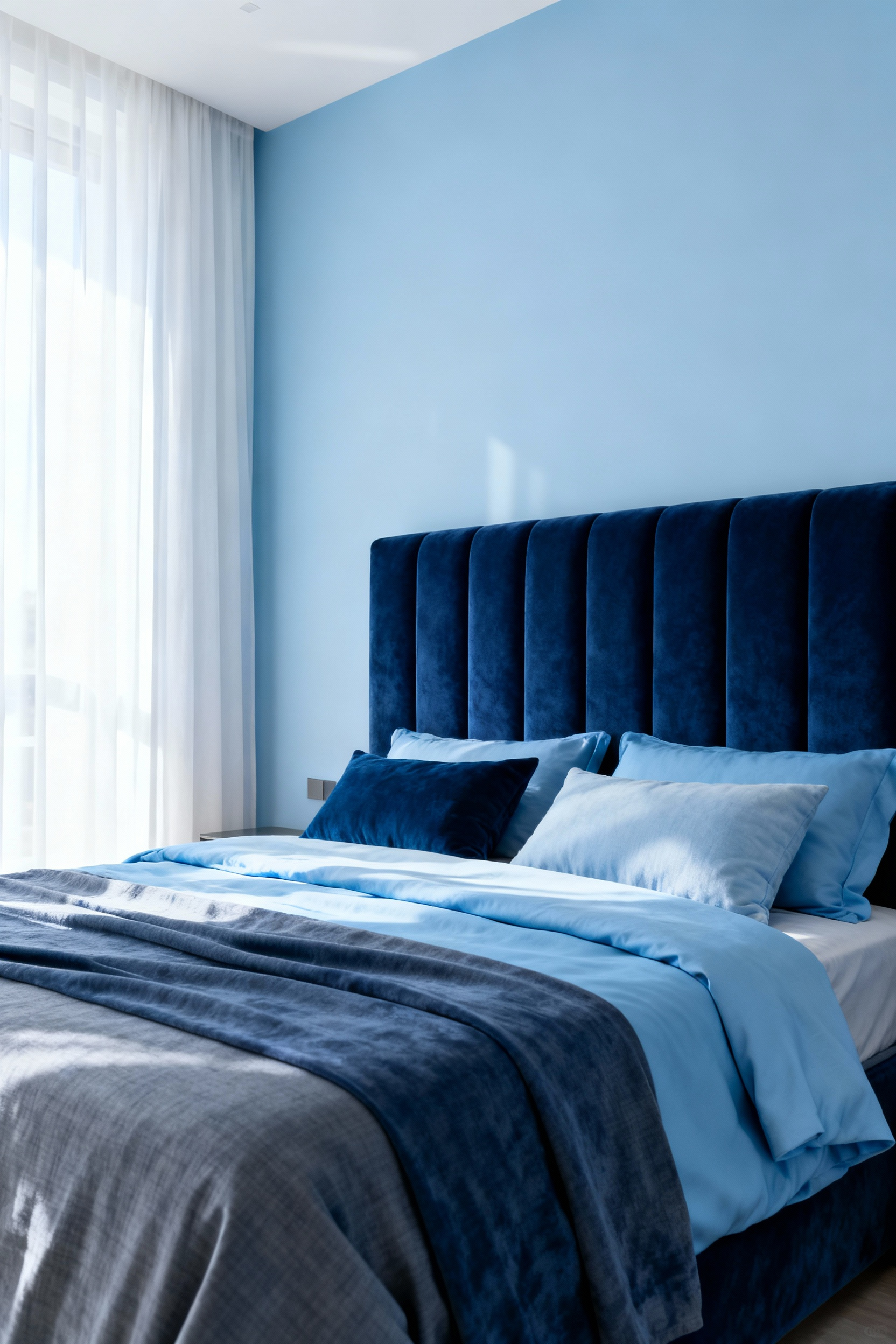 A sophisticated monochromatic bedroom featuring a blue tone-on-tone gradient, with pale blue walls contrasting against a deep navy velvet headboard and slate blue bedding.