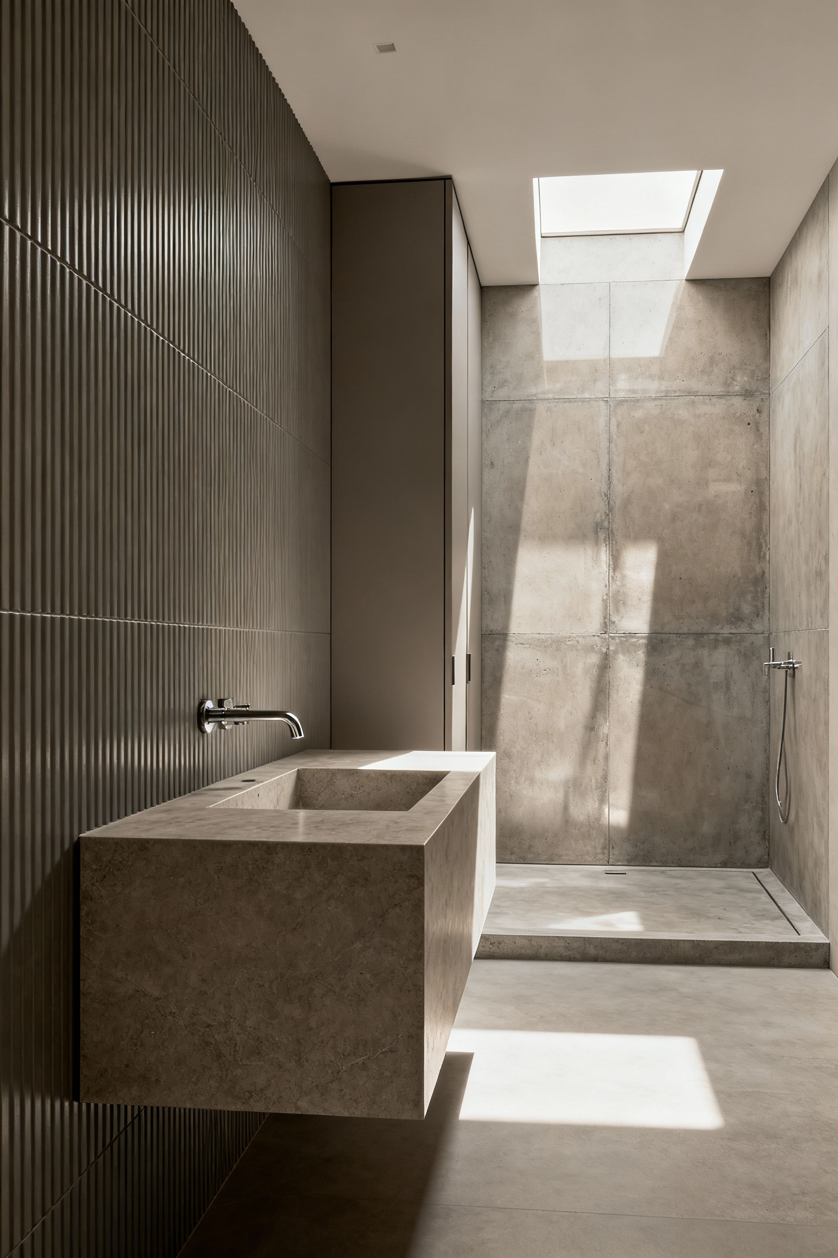 Minimalist bathroom with monochromatic textural layering in serene taupe and greige, featuring honed marble, ribbed ceramic tiles, and polished concrete finishes under soft natural light.
