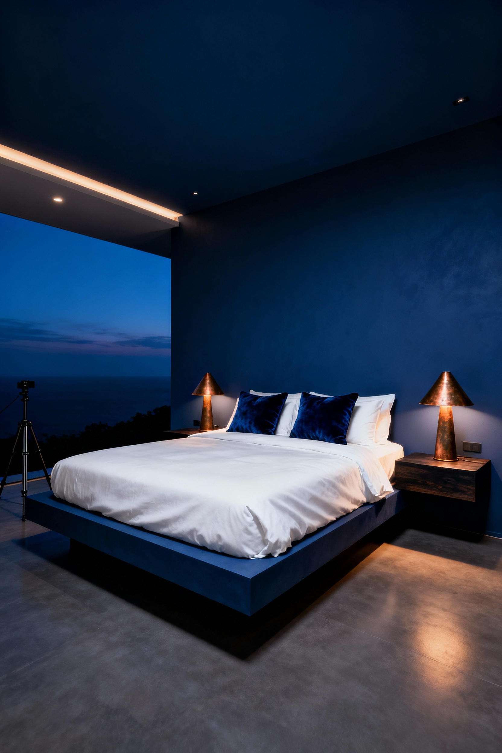 A moody, immersive bedroom where the walls and ceiling are painted deep midnight blue, illustrating the color drenching technique for an atmospheric, cozy effect.