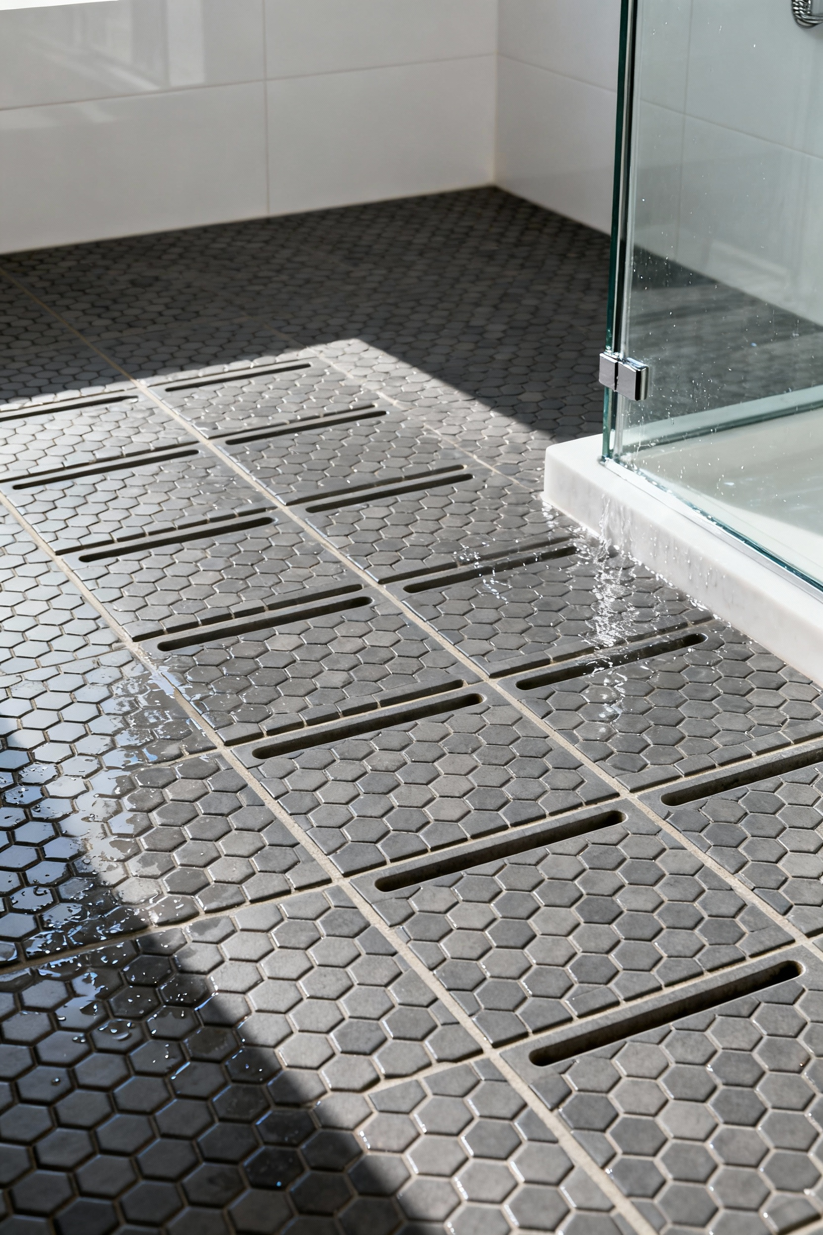 A photographic image showing a modern walk-in shower pan tiled with small-format charcoal gray mosaic hexagon tiles and recessed gray grout, highlighting the slip-resistant texture.