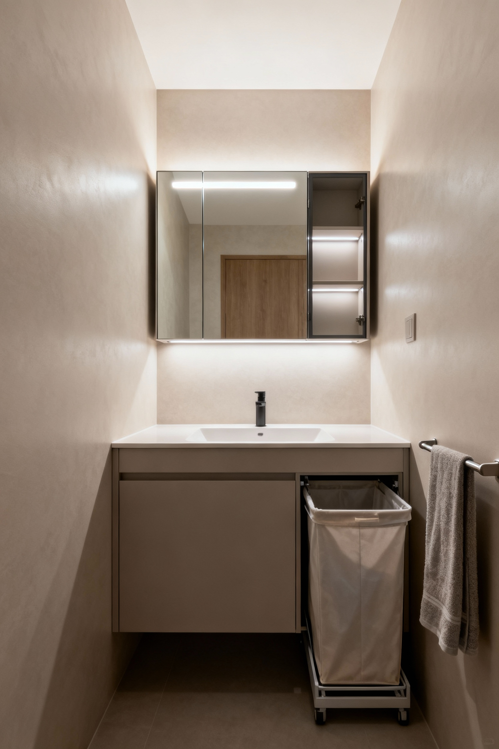 A modern small bathroom featuring a sleek, multi-functional vanity with a hidden laundry hamper and a mirrored medicine cabinet with integrated lighting, showcasing smart space-saving organization.