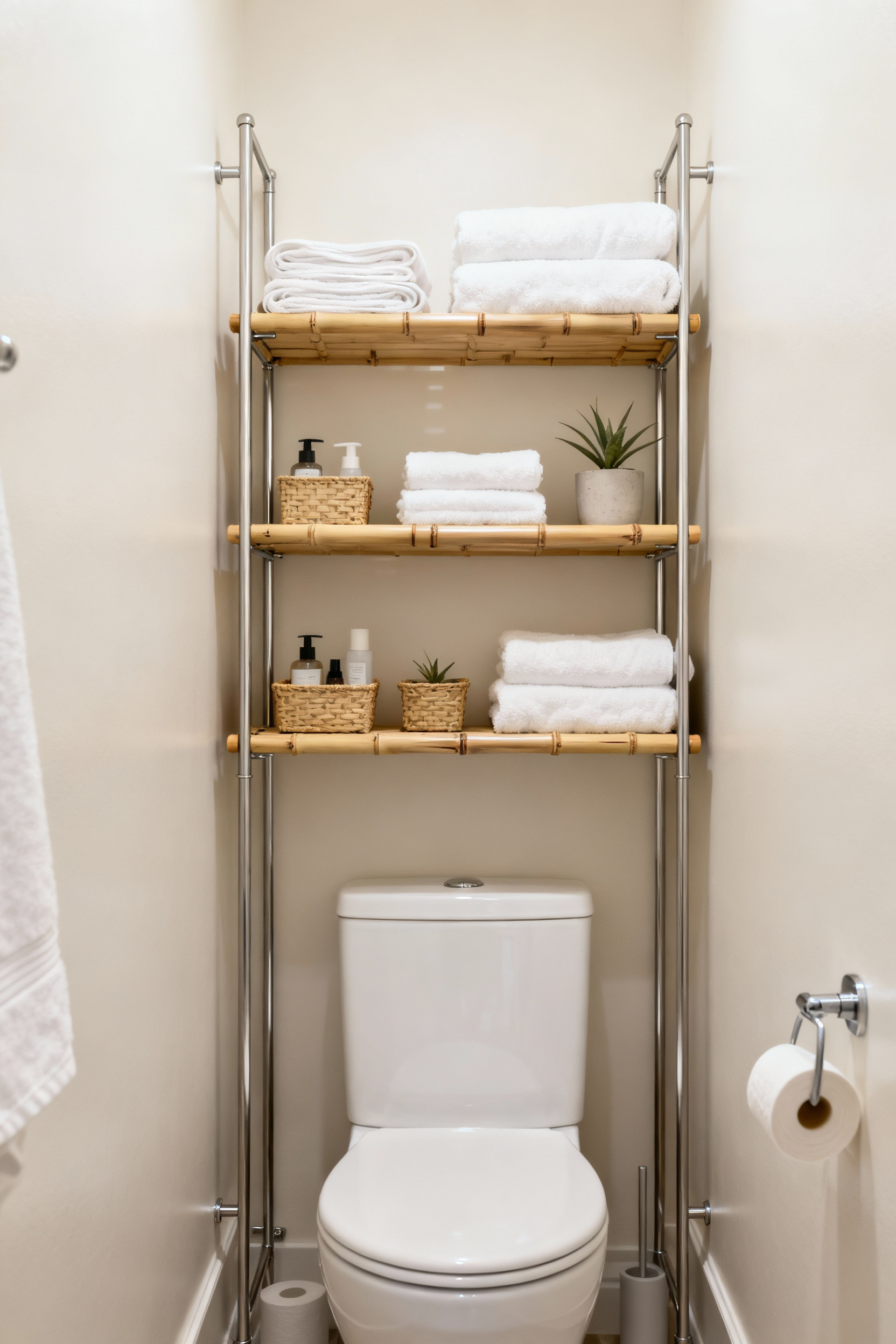 An organized small bathroom with an elegant multi-tiered shelving unit above the toilet, featuring neatly folded towels, small storage baskets, and green plants. This image highlights efficient vertical bathroom storage.