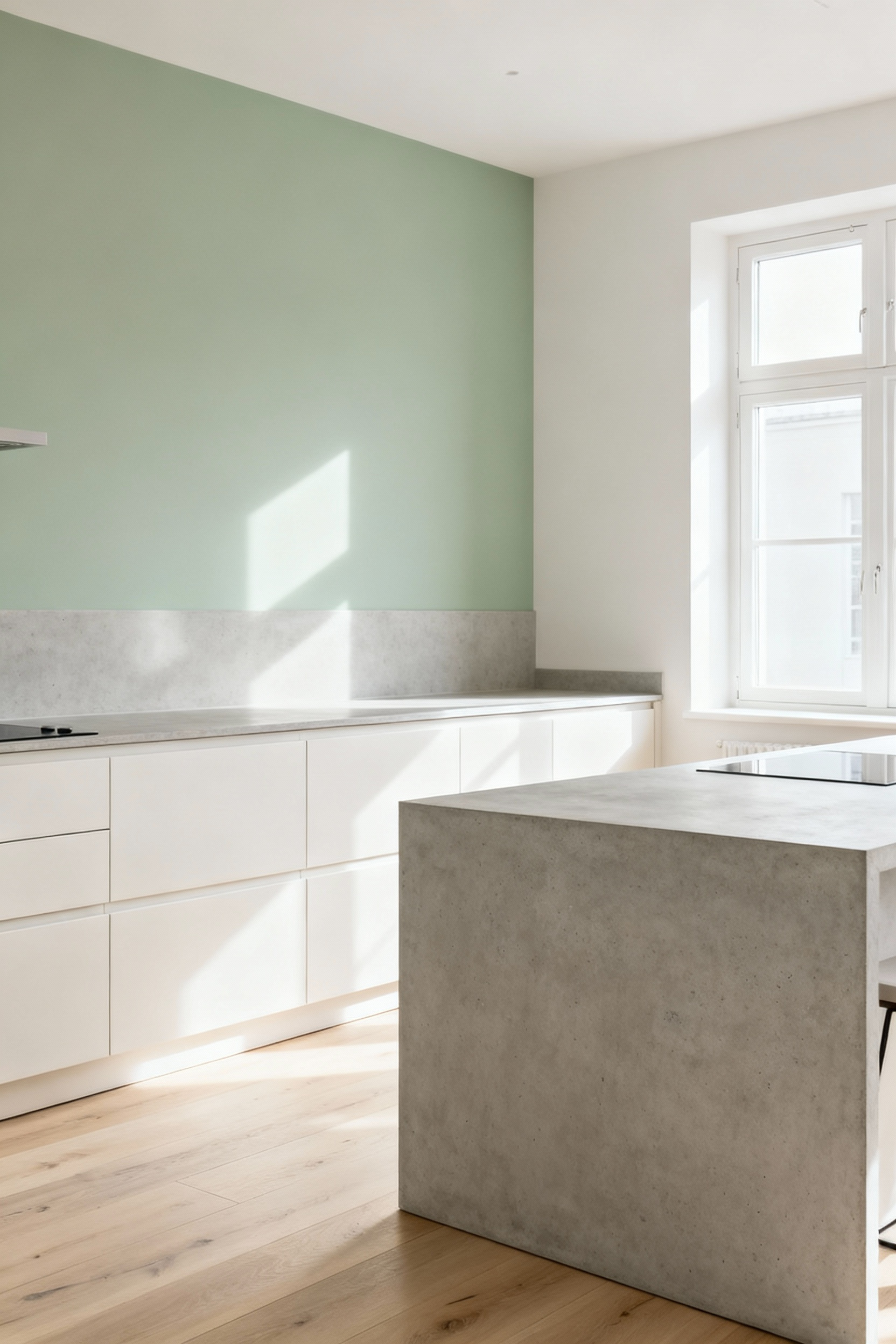 Scandinavian kitchen with muted color palette, light off-white cabinets, light wood flooring, soft gray concrete countertops, and pale sage feature wall, abundant natural light, creating a serene and cohesive space.