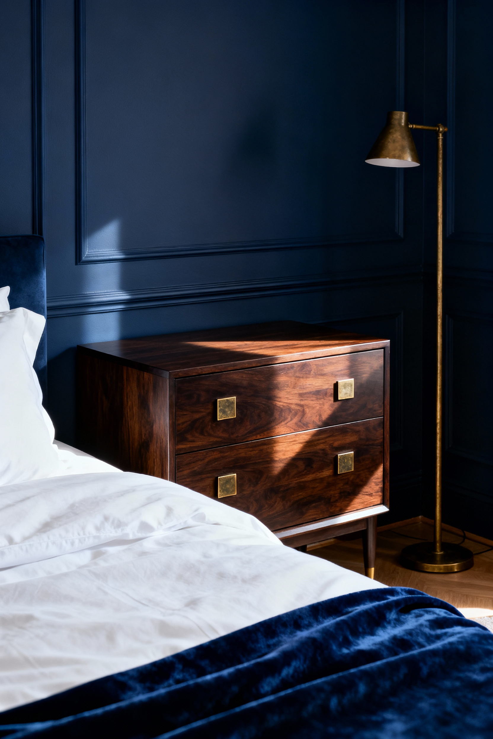Full view of a modern classic navy blue bedroom featuring a walnut nightstand with prominent unlacquered brass hardware, illustrating the warm-cool contrast.