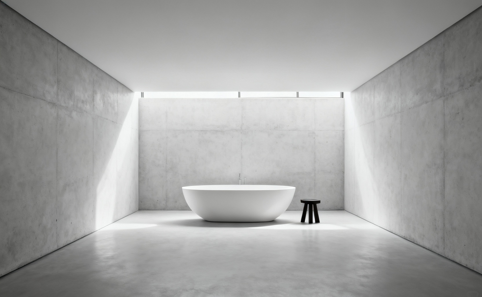 A minimalist bathroom with a pristine white freestanding bathtub against a vast, light concrete wall, emphasizing negative space and visual tranquility.