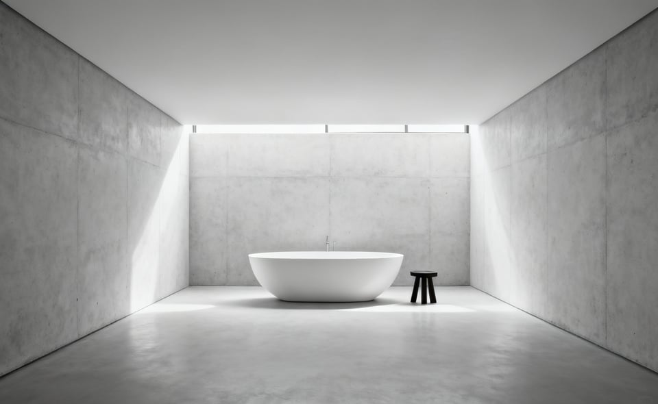 A minimalist bathroom with a pristine white freestanding bathtub against a vast, light concrete wall, emphasizing negative space and visual tranquility.