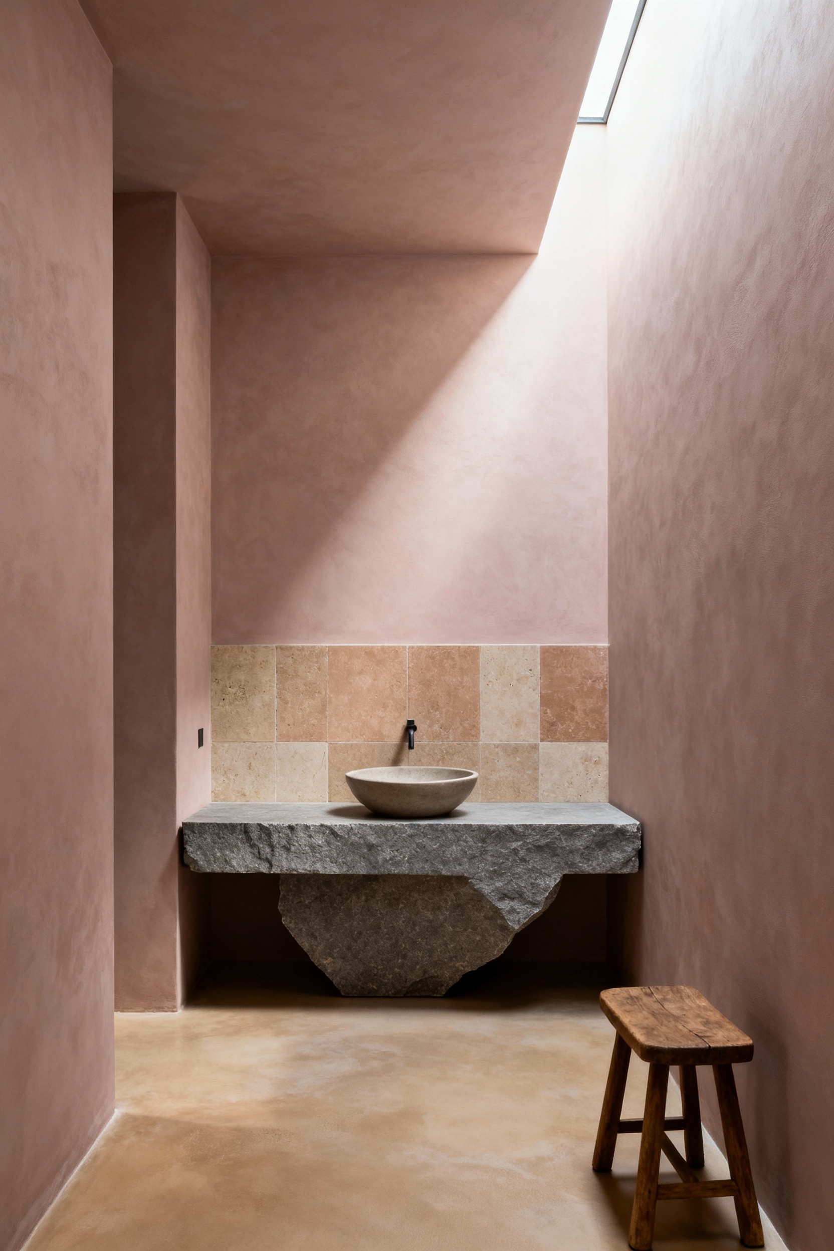 A serene, organic bathroom featuring walls and floors clad in matte mushroom-colored micro-cement and honed limestone, centered around a substantial raw-cut slate vanity under soft, diffused natural lighting.
