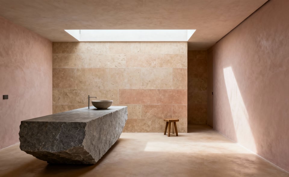 A serene, organic bathroom featuring walls and floors clad in matte mushroom-colored micro-cement and honed limestone, centered around a substantial raw-cut slate vanity under soft, diffused natural lighting.