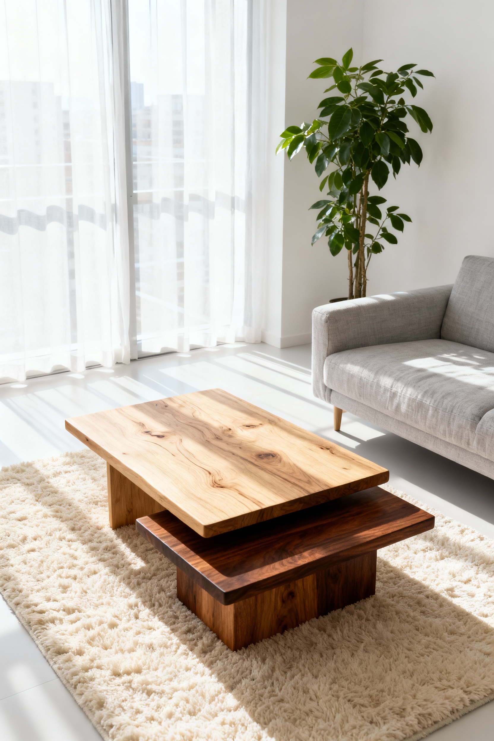 A cozy apartment living room featuring stark white walls and a light grey linen sofa, anchored by a pair of raw wood nesting coffee tables made of organic raw oak and dark walnut.