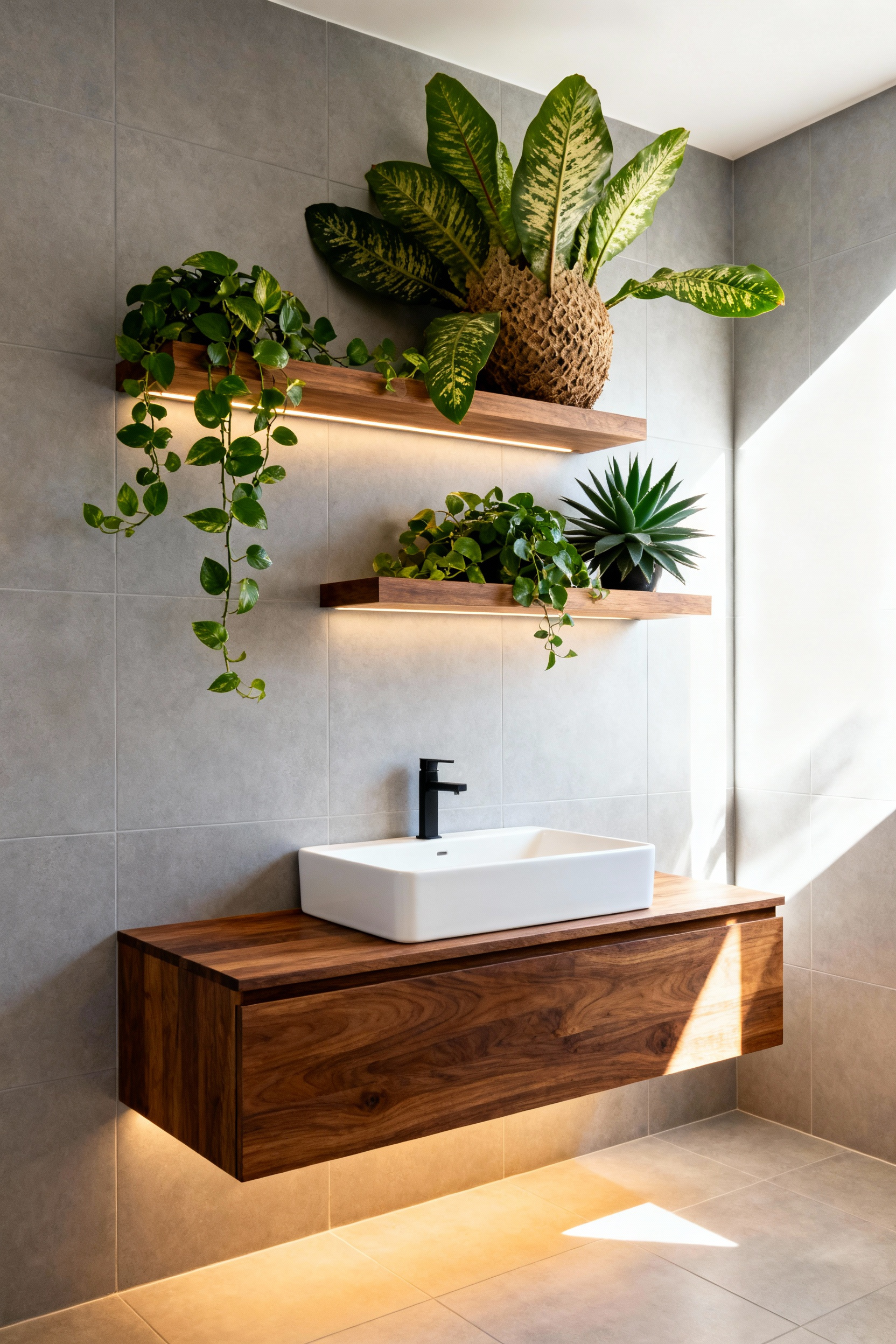 A modern bathroom featuring a floating mid-tone wood vanity contrasted against light gray tiled walls, incorporating abundant live green plants for an organic design aesthetic.