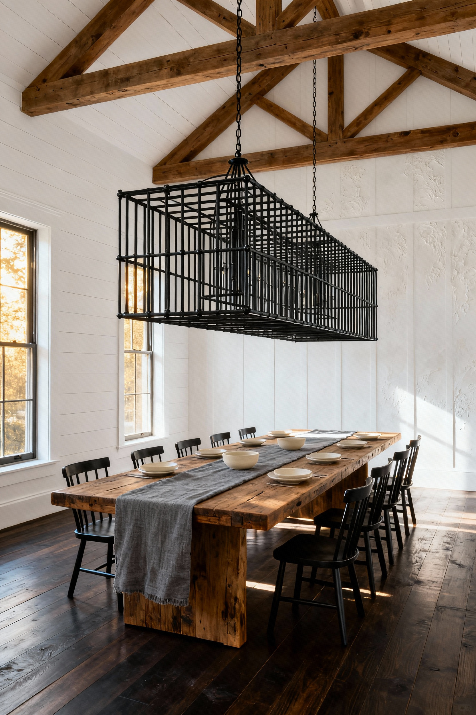 Oversized matte black iron pendant fixture providing strong visual weight over a large reclaimed wood table in a high-end farmhouse dining room.