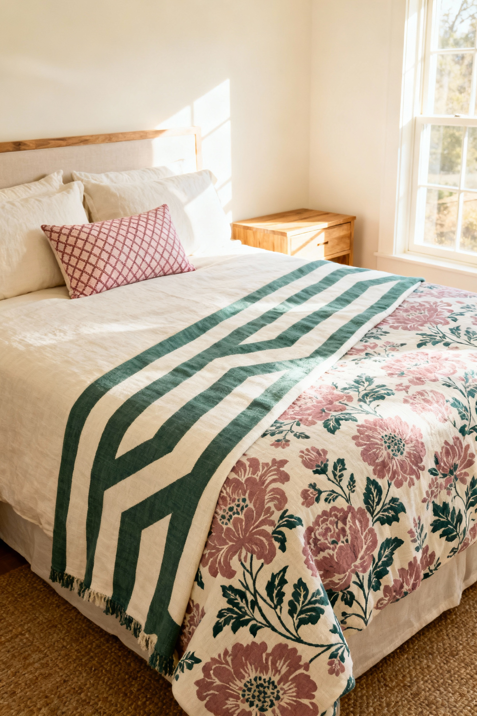 A photograph of a master bedroom showing pattern mixing on the bed, featuring a large floral duvet, a medium striped throw, and a small patterned pillow unified by a sage green and dusty rose color scheme.
