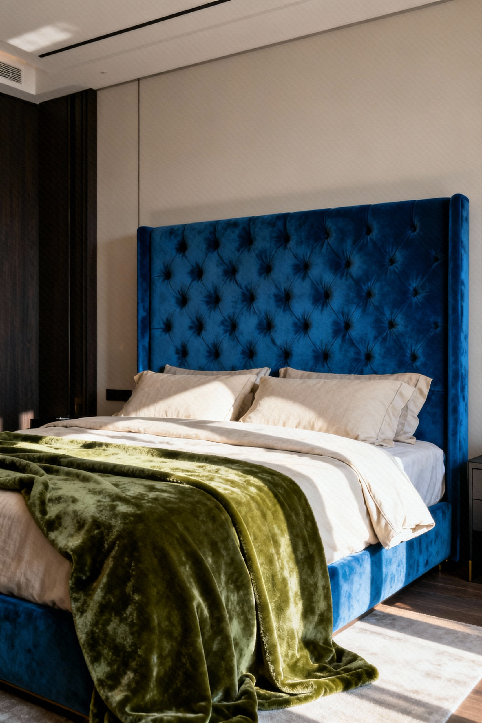 Luxurious King bed styled with a high-performance sapphire blue velvet headboard and a moss green velvet throw blanket layered over resilient oatmeal performance linen bedding, illustrating durable, contract-grade luxury fabrics.