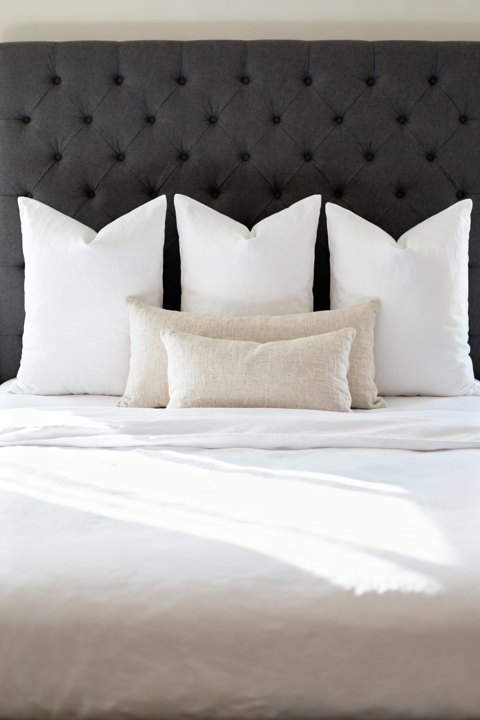 A hyper-realistic photograph of a King master bedroom demonstrating pillow architecture, featuring three symmetrical Euro shams layered behind standard shams against a tufted headboard.