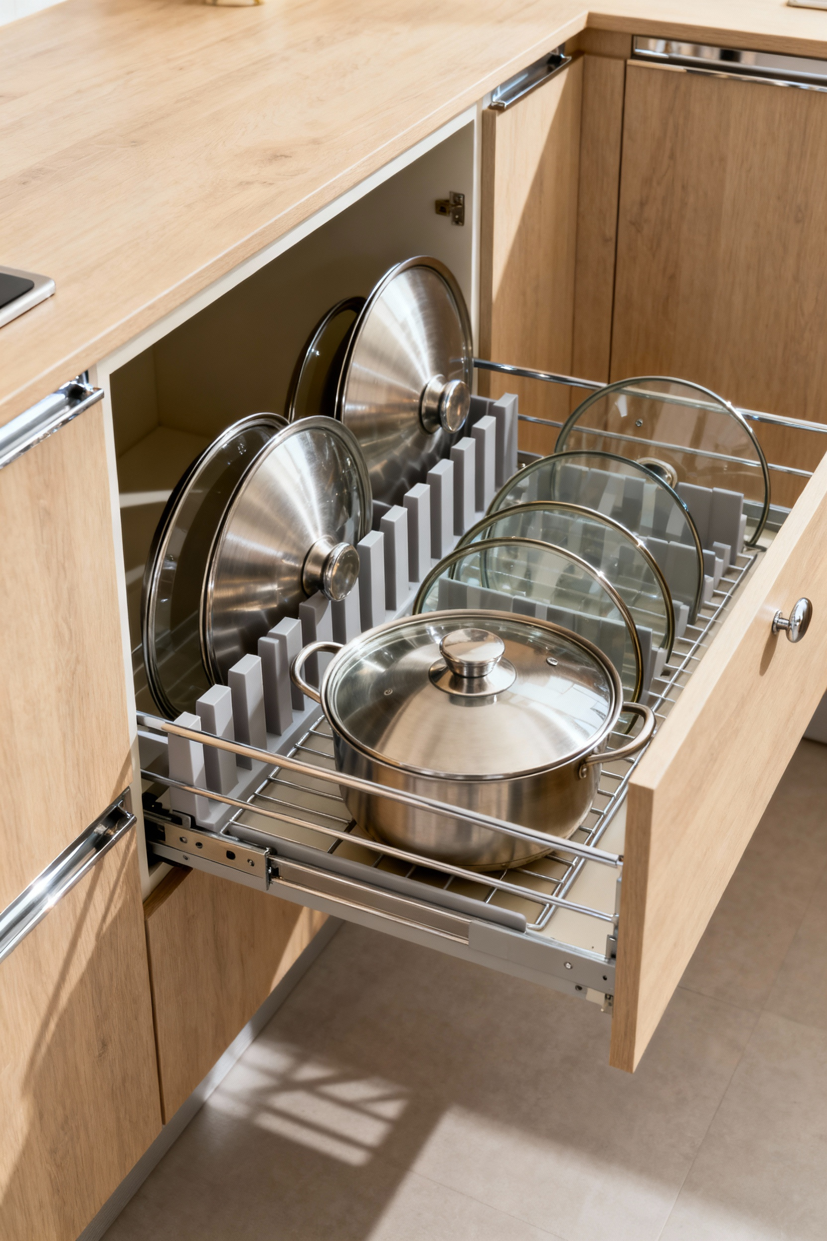 An open modern kitchen cabinet drawer showcasing an advanced built-in vertical pot and pan lid storage rack with stainless steel and glass lids neatly organized.