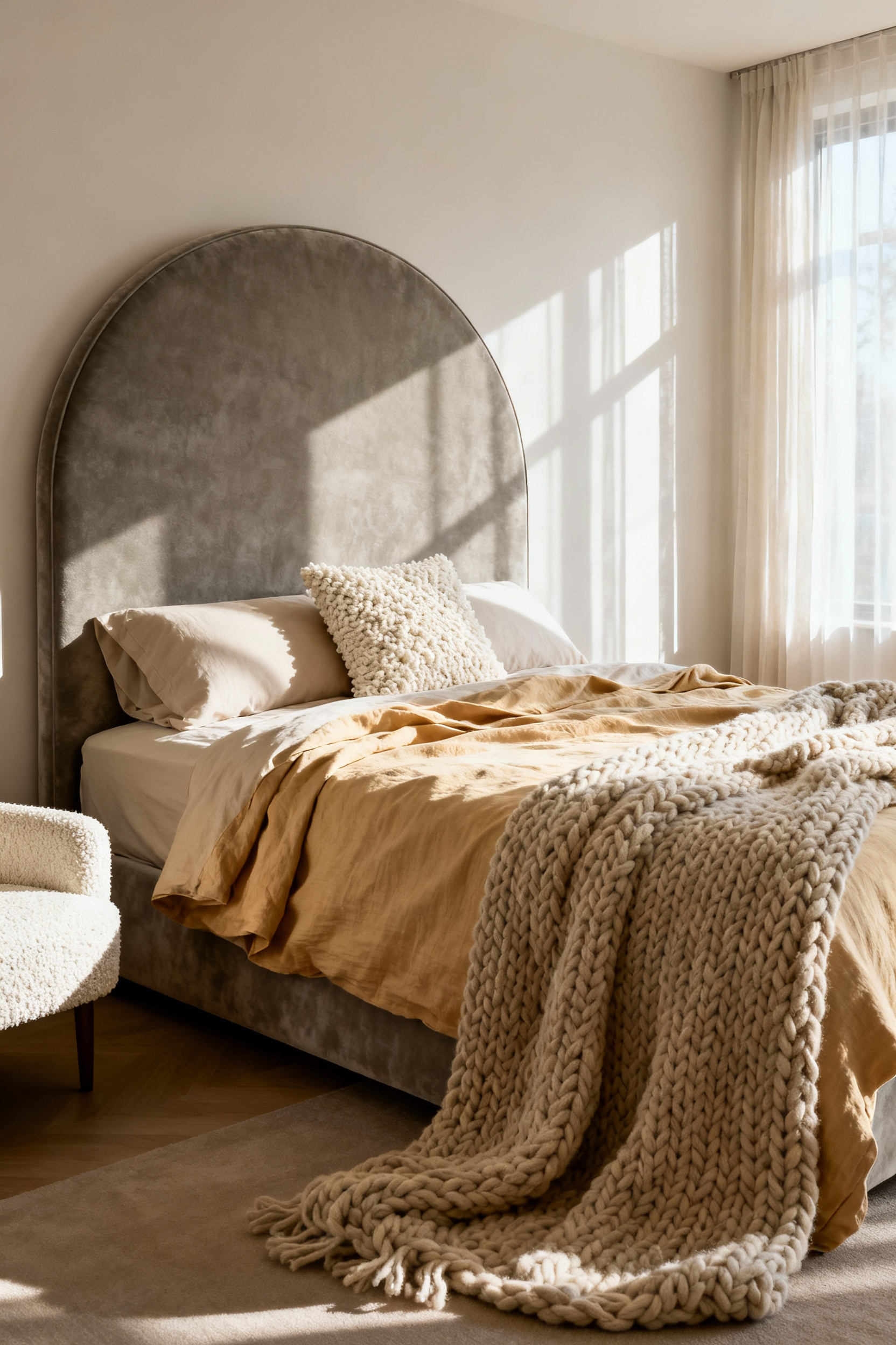 A serene master bedroom showing layered bedding made of plush velvet, wrinkled linen, and chunky chenille fabrics under soft morning light.