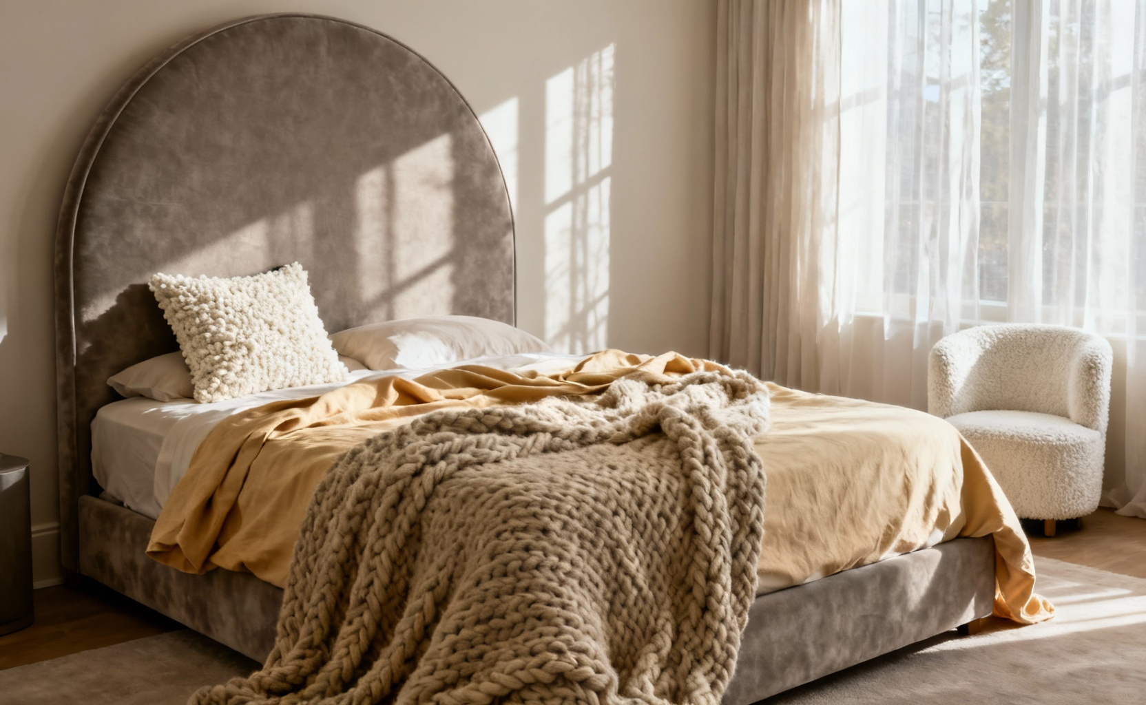 A serene master bedroom showing layered bedding made of plush velvet, wrinkled linen, and chunky chenille fabrics under soft morning light.