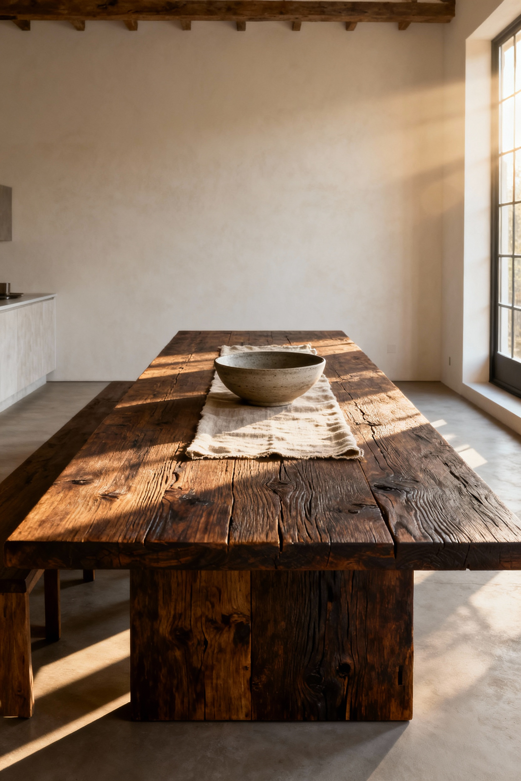High-density reclaimed oak dining table in a farmhouse dining room, showcasing genuine grain patterns and deep natural patina contrasted against light linen chairs.