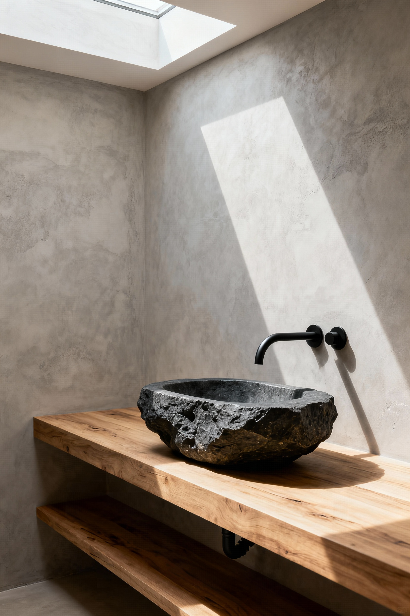 A highly polished, dark grey river stone vessel sink resting on a floating pale oak vanity in a minimalist bathroom, highlighting the basin as a natural, geological sculpture.
