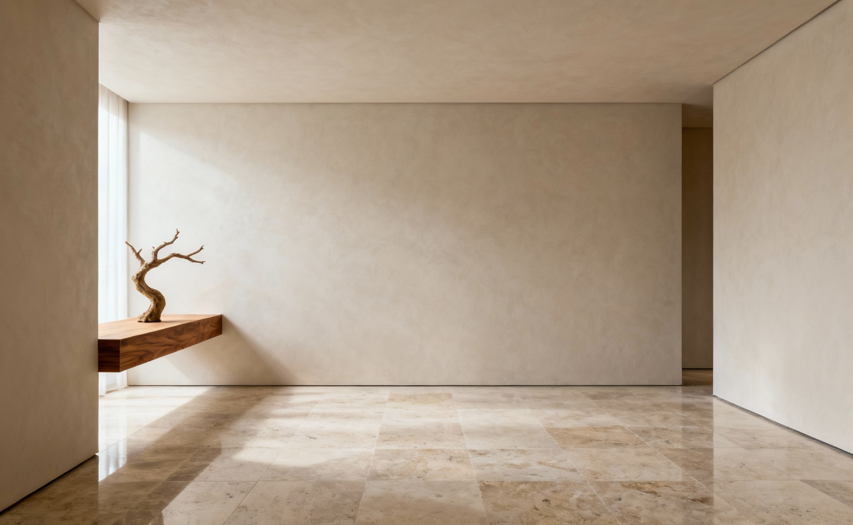 A modern bedroom designed with curated negative space, featuring large, matte-finished walls, built-in shelving, a single sculptural natural element, and soft diffused natural light, emphasizing visual calm and clarity.