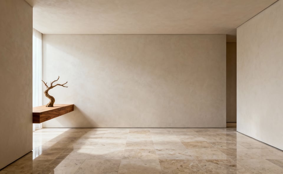 A modern bedroom designed with curated negative space, featuring large, matte-finished walls, built-in shelving, a single sculptural natural element, and soft diffused natural light, emphasizing visual calm and clarity.