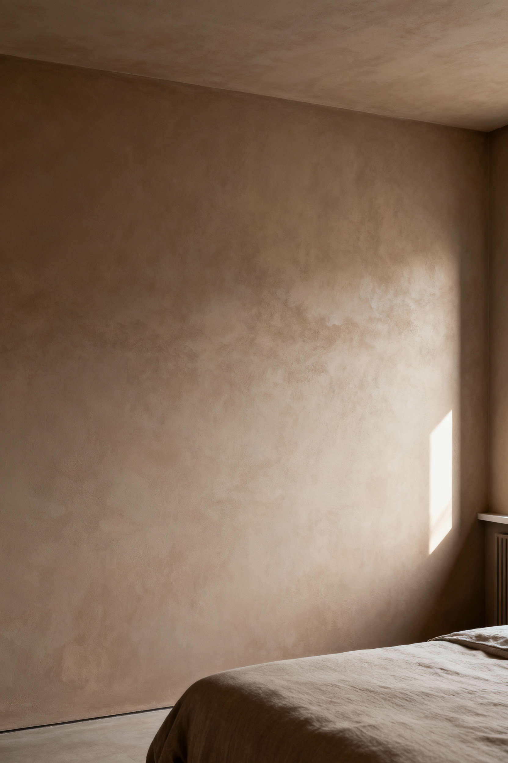 Modern bedroom wall painted with low-VOC, natural pigment paint, promoting pure air and a healthier interior.