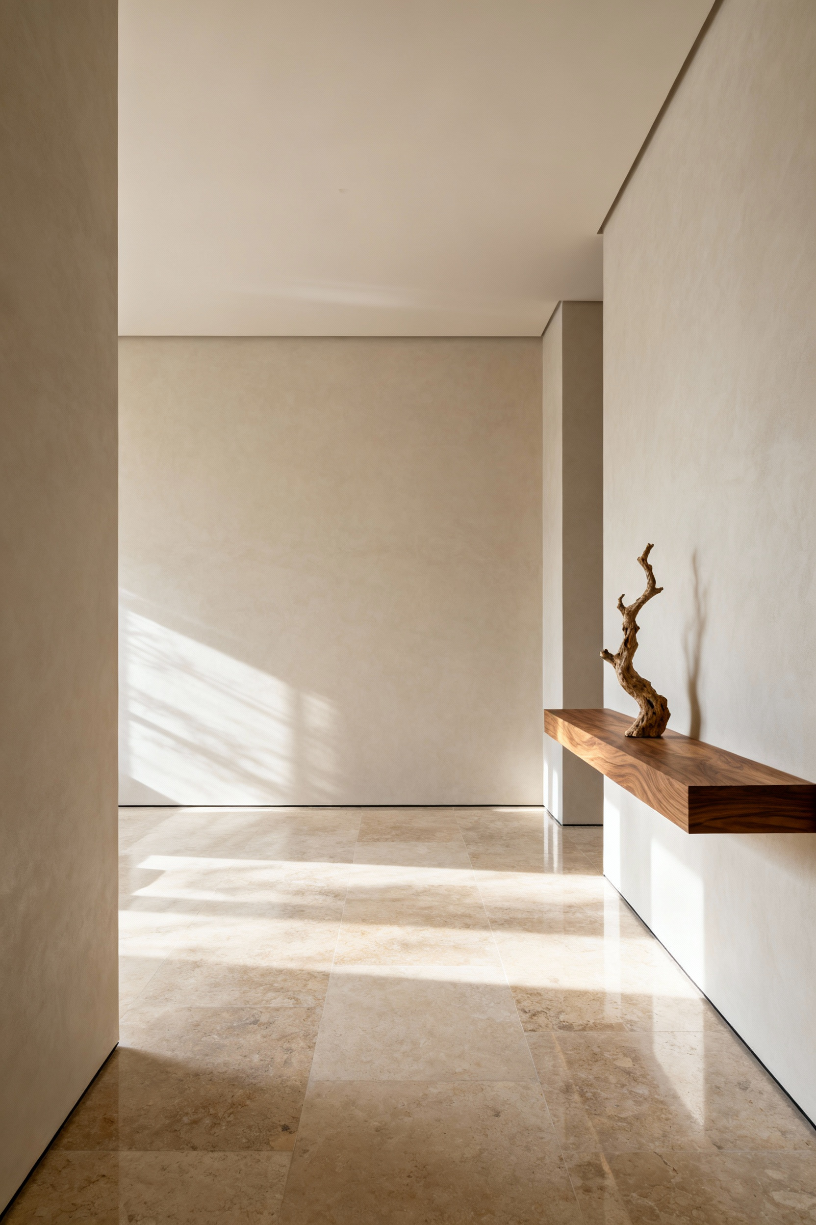 A modern bedroom designed with curated negative space, featuring large, matte-finished walls, built-in shelving, a single sculptural natural element, and soft diffused natural light, emphasizing visual calm and clarity.