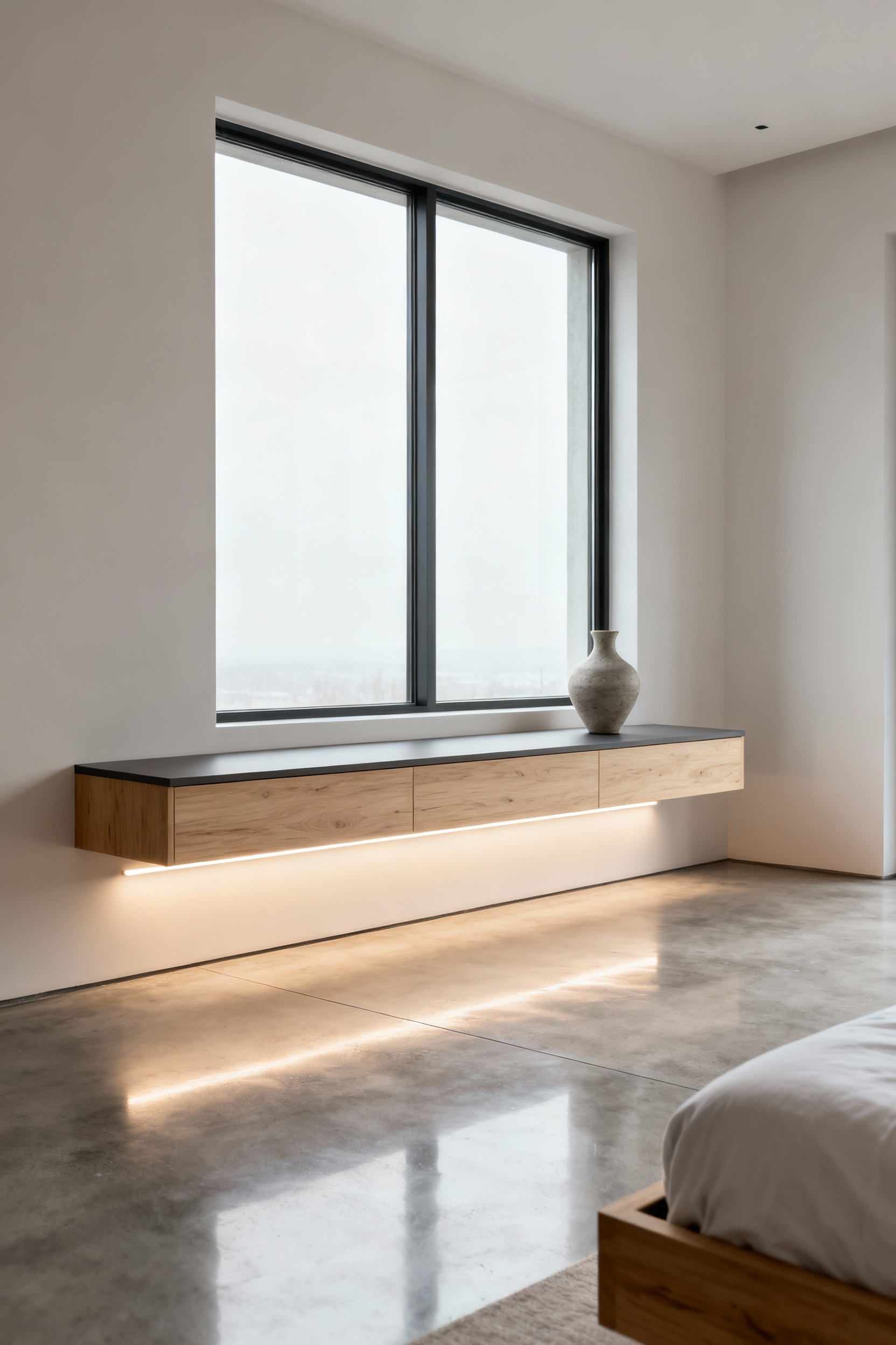 Modern bedroom interior with a minimalist floating storage console in cerused oak and matte lacquered MDF, illuminated by hidden LED strip lighting, showcasing an uncluttered concrete floor and promoting visual spaciousness.