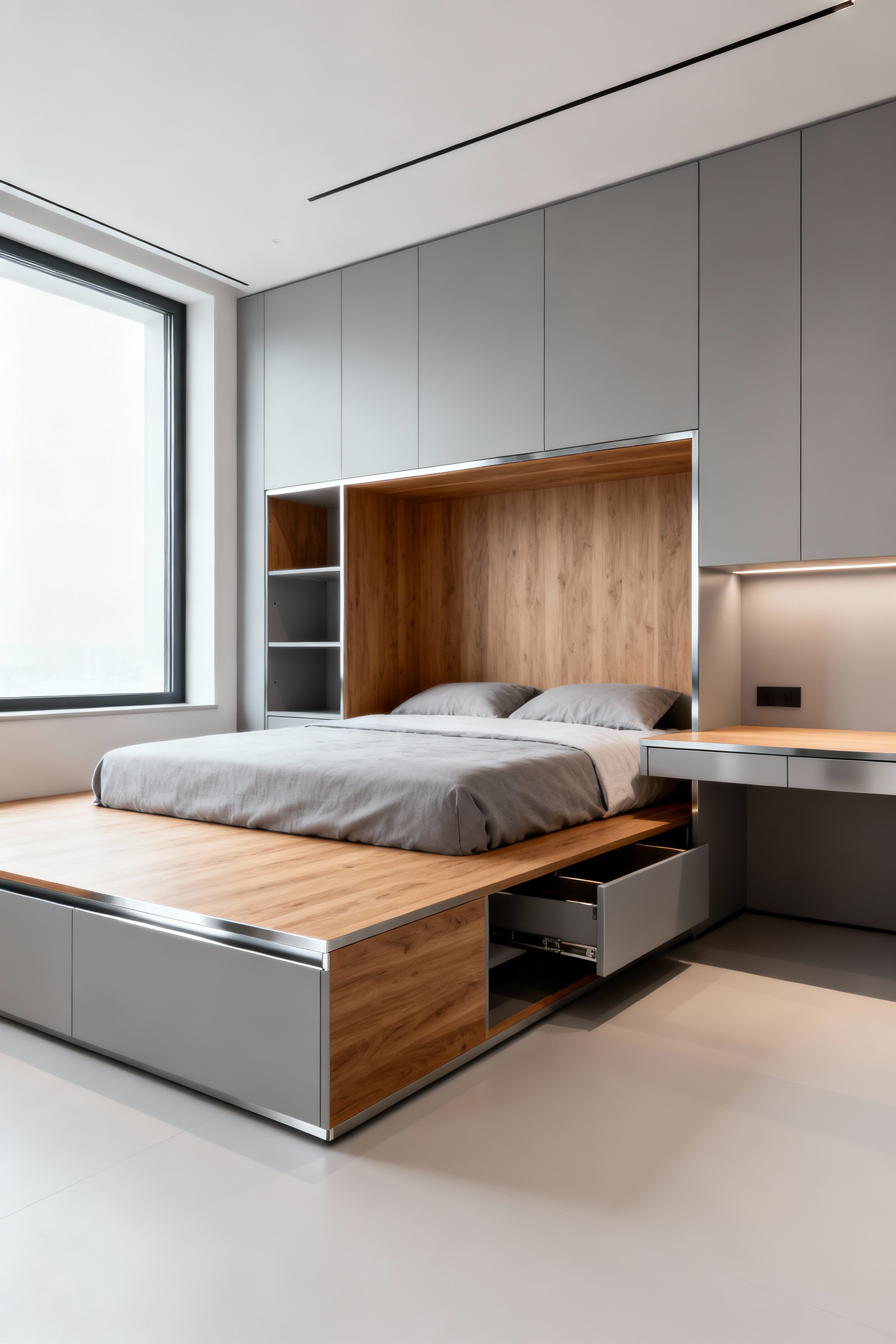 Modern bedroom with adaptable modular furniture system featuring integrated bed, storage, and pull-out desk in grey and oak tones.