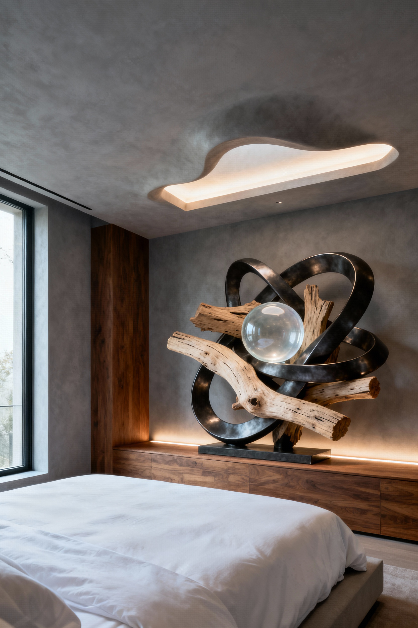 Modern bedroom featuring a large, abstract art installation made from mixed materials like polished metal, natural wood, and glass, serving as a dynamic focal point above a minimalist bed.