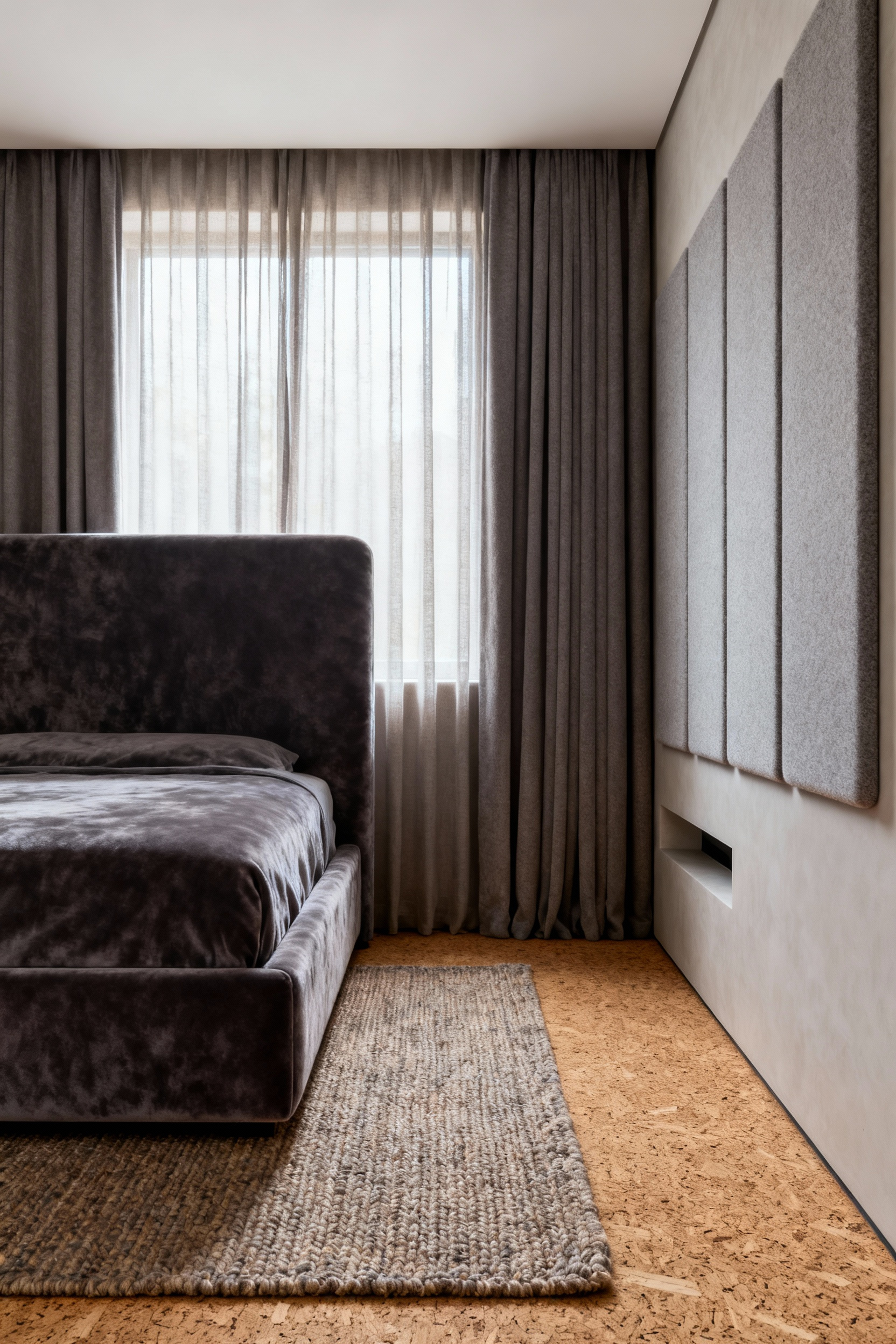 Modern bedroom interior featuring advanced acoustic modulation with upholstered headboard, heavy drapes, thick rug, and integrated wall panels for sound absorption and tranquility.