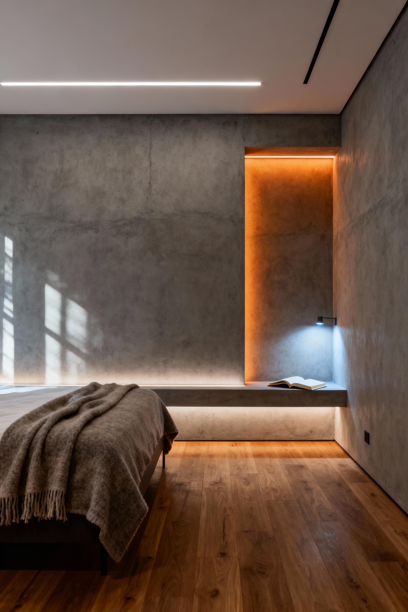 Modern bedroom with sensation-driven circadian lighting. Integrated LED luminaires highlight raw concrete walls, oak flooring, and textile finishes, showing a blend of warm ambient and cooler task lighting for mood and sleep.