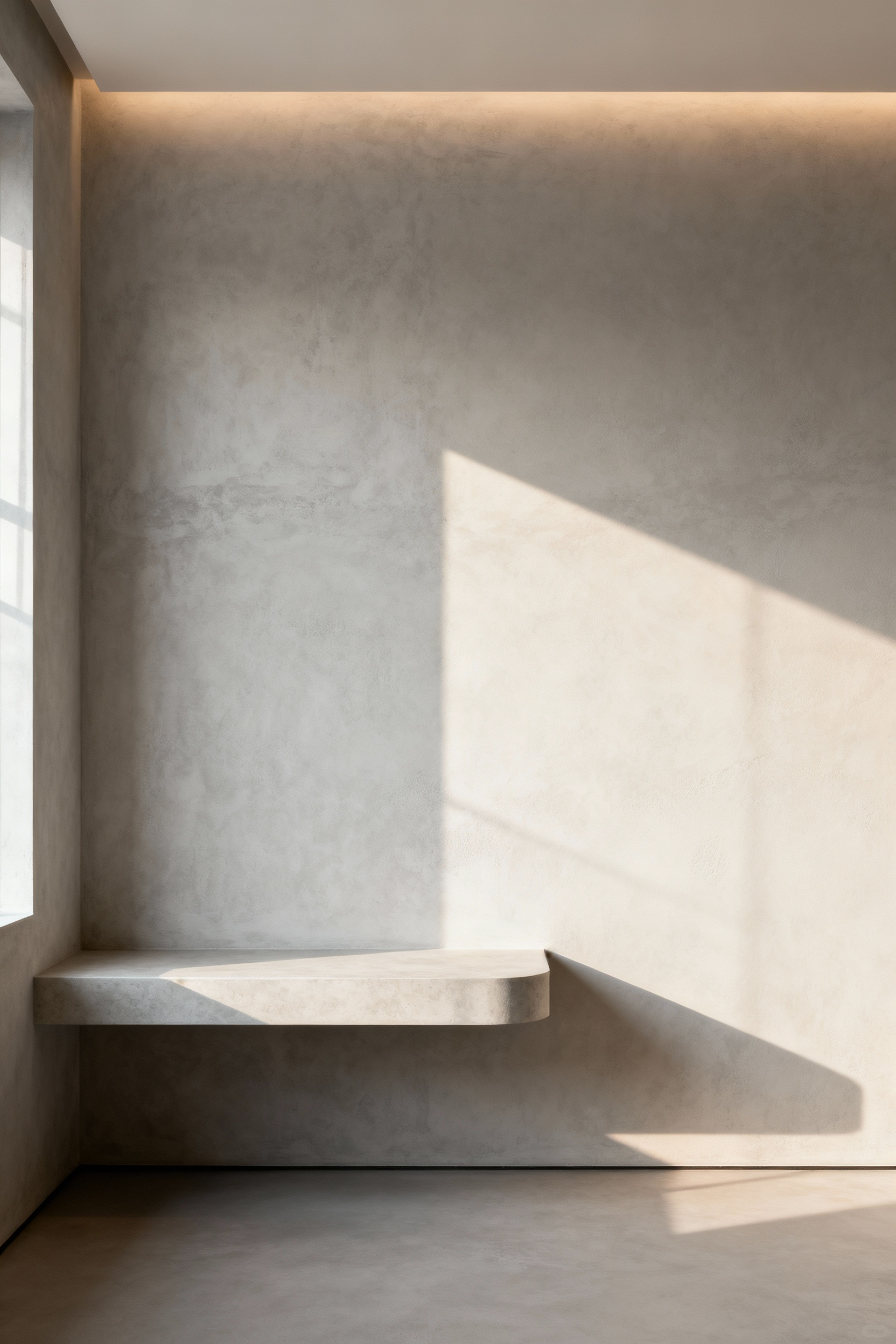 Modern bedroom interior with a subtly textured micro-cement accent wall, displaying nuanced variations under soft lighting, creating a serene and sophisticated architectural surface.