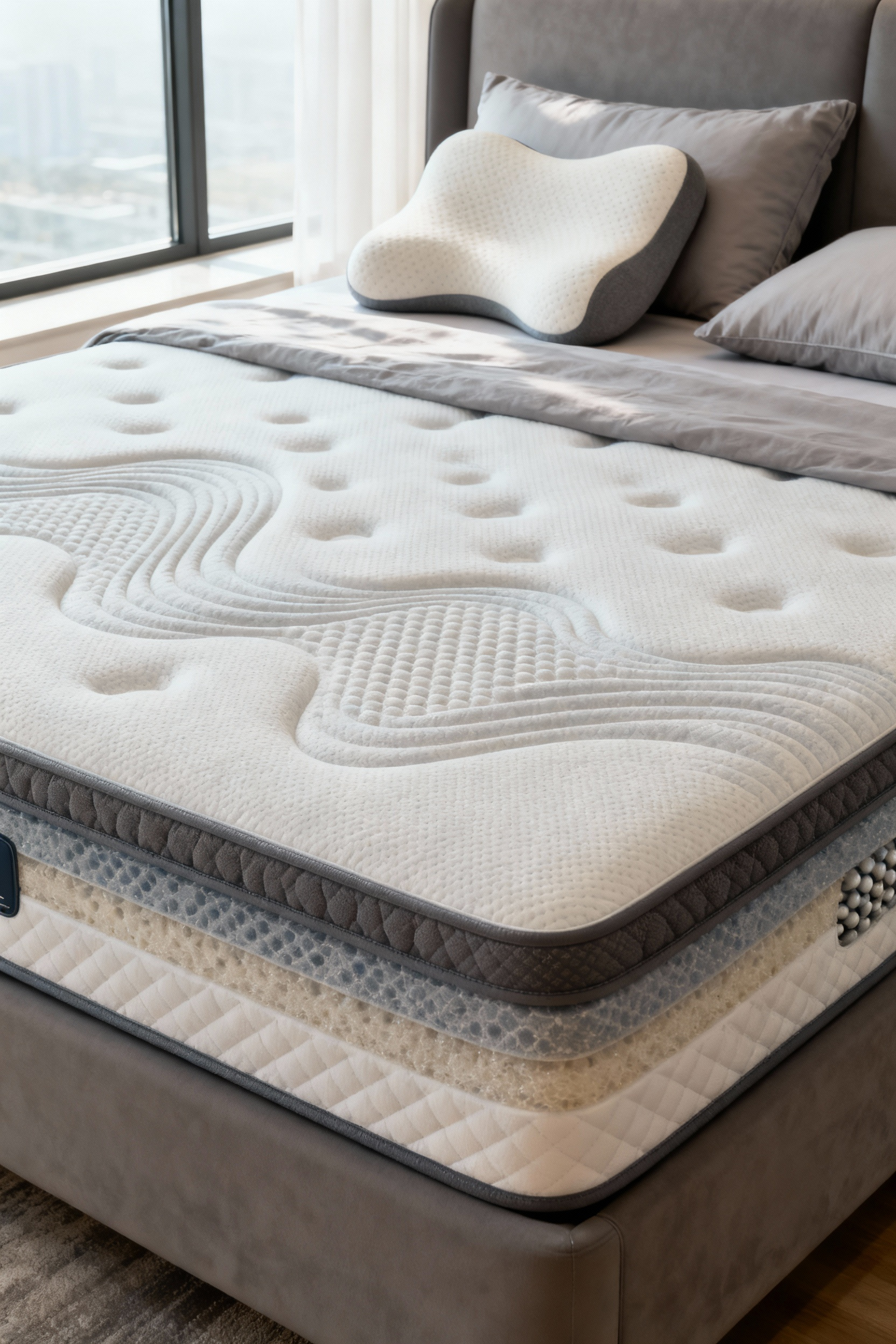 Modern bedroom with a multi-layered hybrid mattress and ergonomic pillows showcasing advanced sleep technology, under soft natural light.