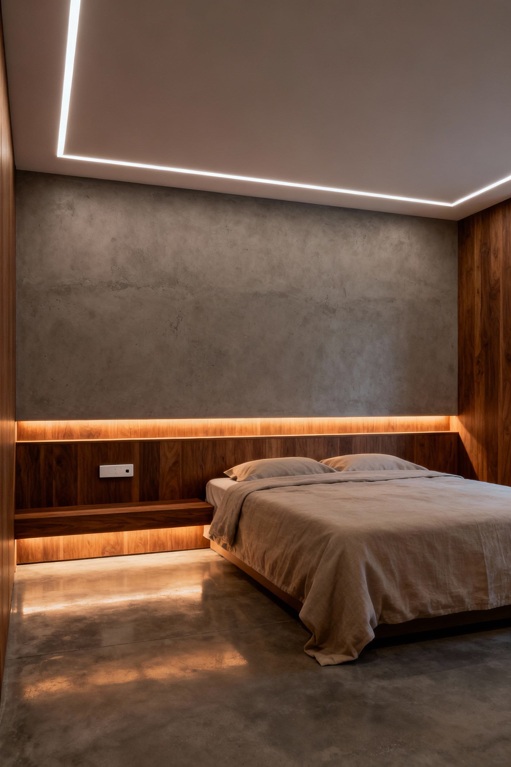 Modern bedroom with seamlessly integrated smart home automation, featuring dynamic circadian lighting embedded in oak valances, polished concrete, and a discreet wall-mounted control interface, all contributing to an immersive ambient environment.