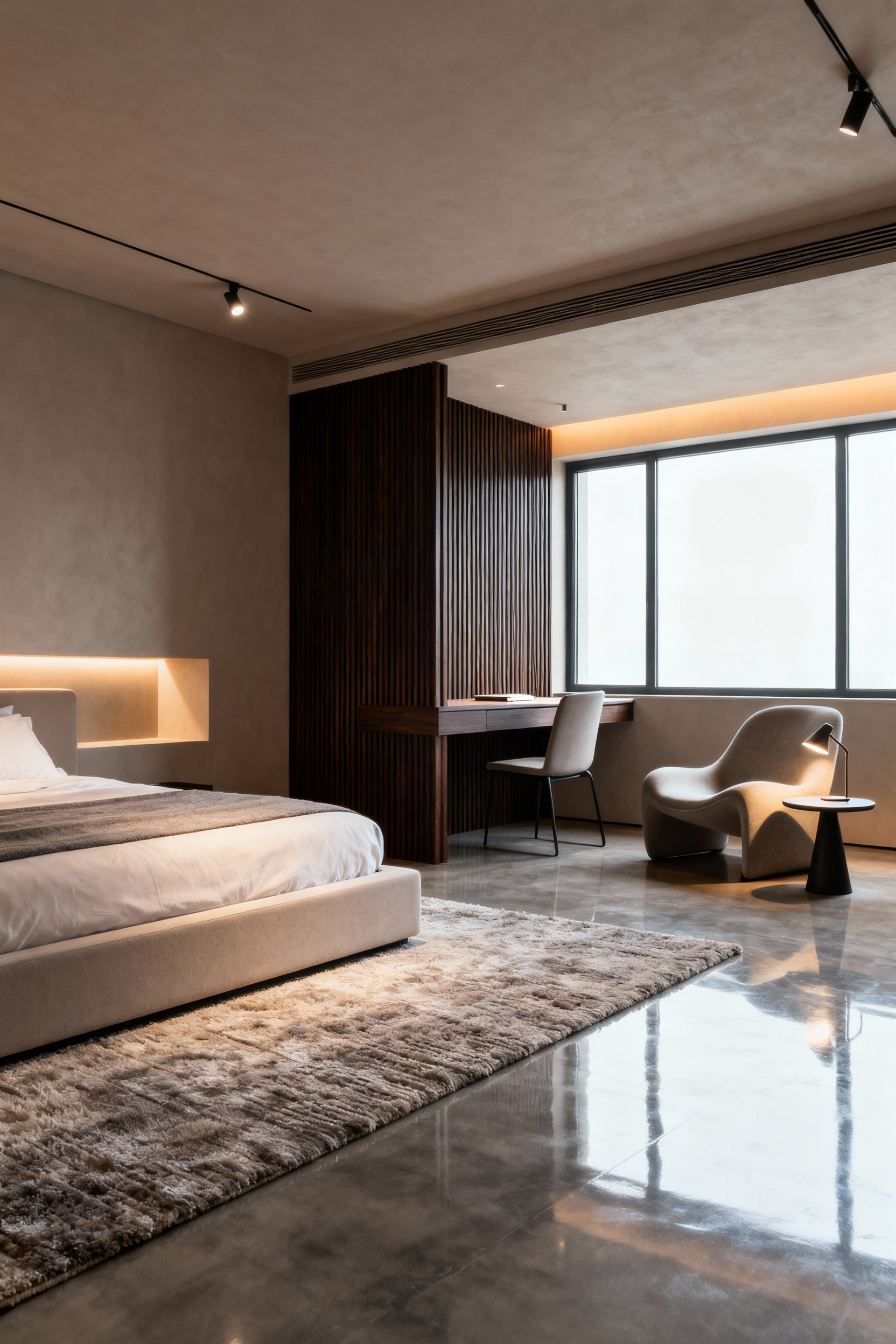 A modern bedroom interior showcasing clear zonal functions, including a sleeping area with a low-profile bed and plush rug, a minimalist workspace delineated by a wood slat wall, and a reading nook with a sculptural armchair and task lamp. Material contrasts and layered lighting define each distinct space.