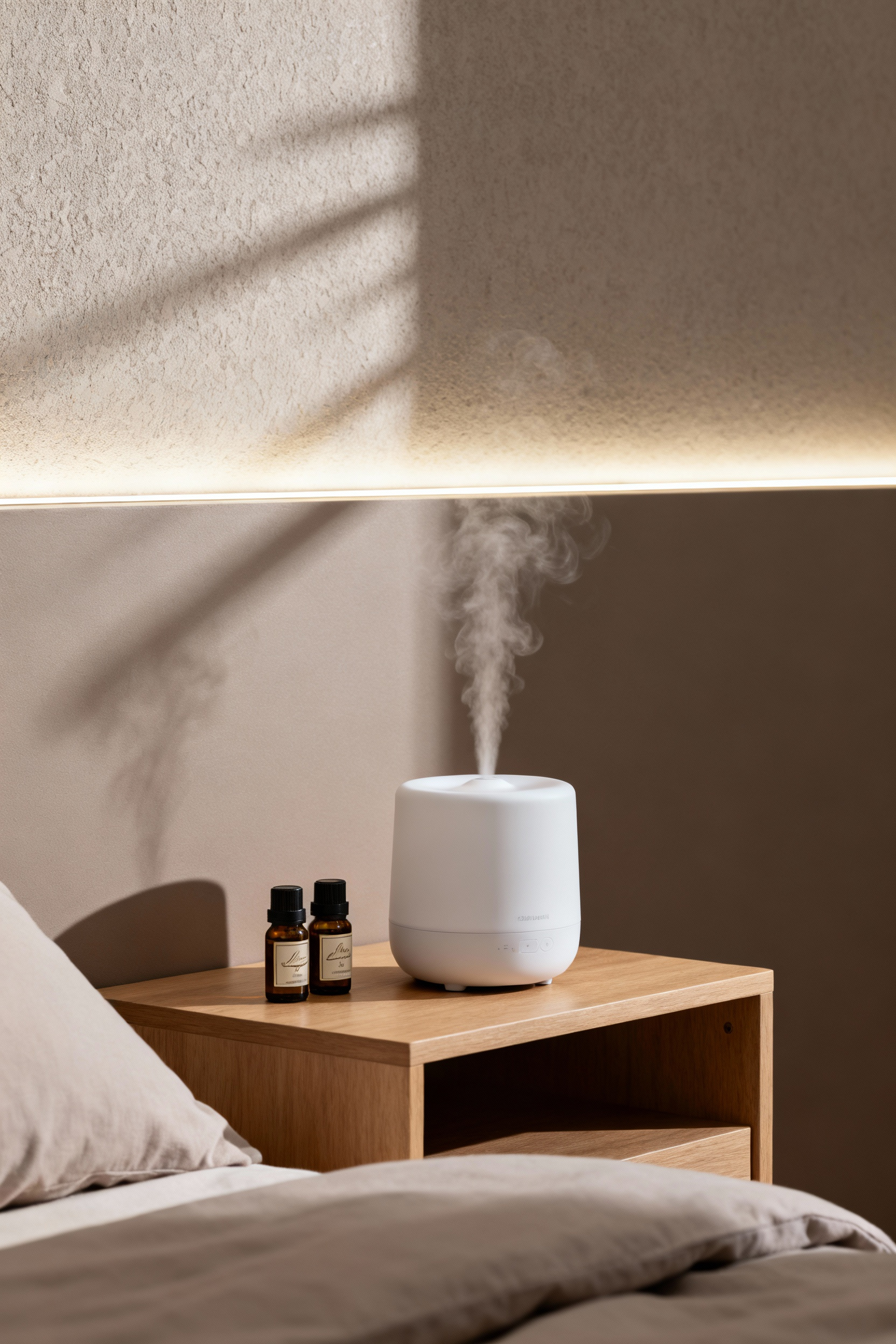Modern bedroom with a sleek, minimalist ceramic aromatherapy diffuser on a wooden bedside table, emitting a gentle mist. Essential oil bottles are beside it. The image conveys calm and comfort.