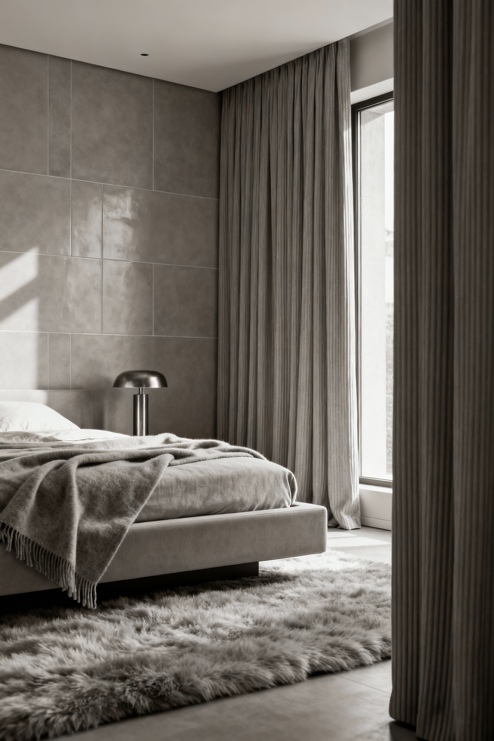 Modern bedroom with monochromatic base layering in greige, featuring ceramic wall, wool rug, linen drapes, and brass accents, emphasizing textural depth and sophisticated design.