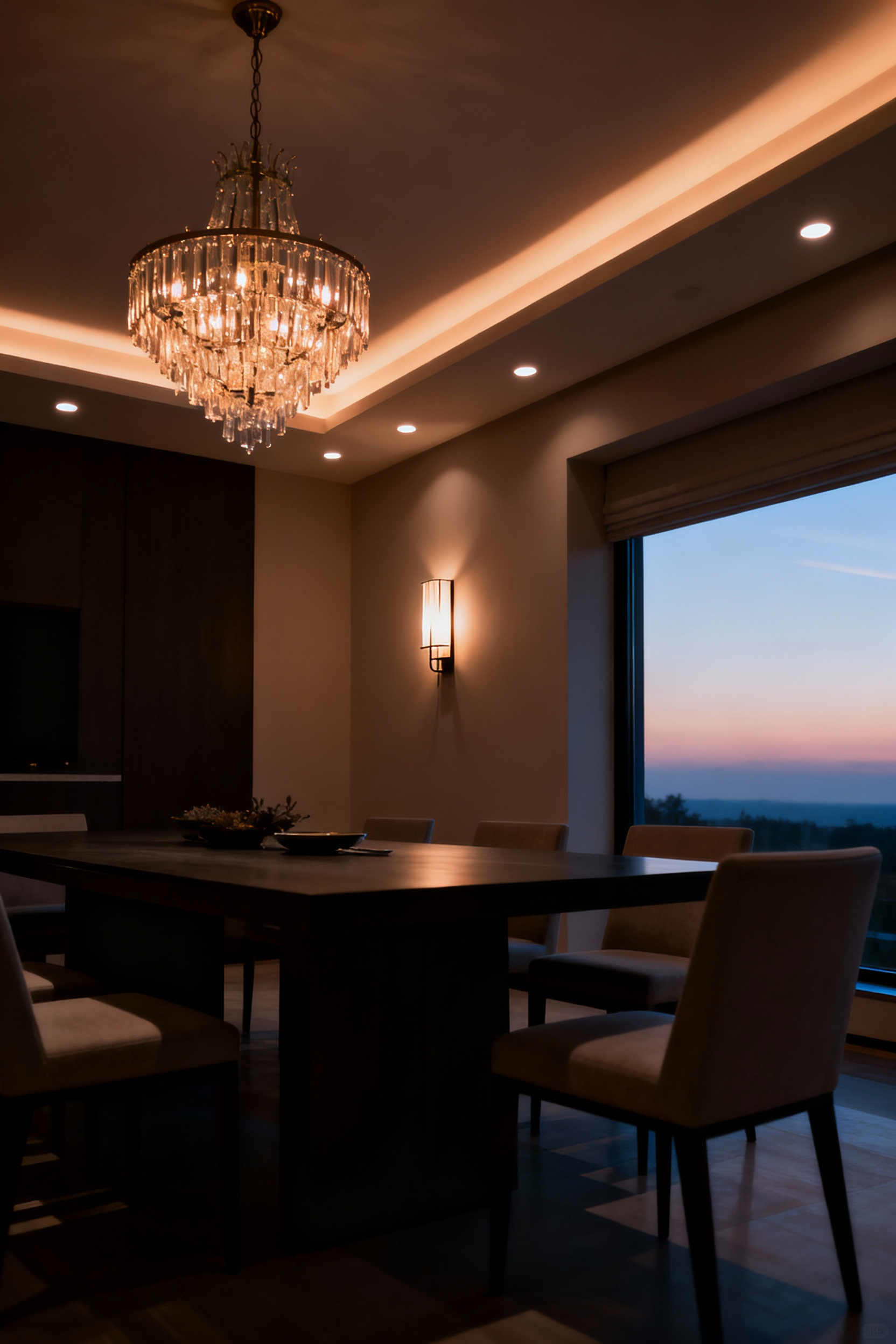 A professional wide-angle photo of an elegant dining room interior at dusk, featuring a dimmed chandelier over a table, recessed lighting, and a wall sconce, all contributing to a soft, dynamic lighting atmosphere controlled by unseen dimmer switches.