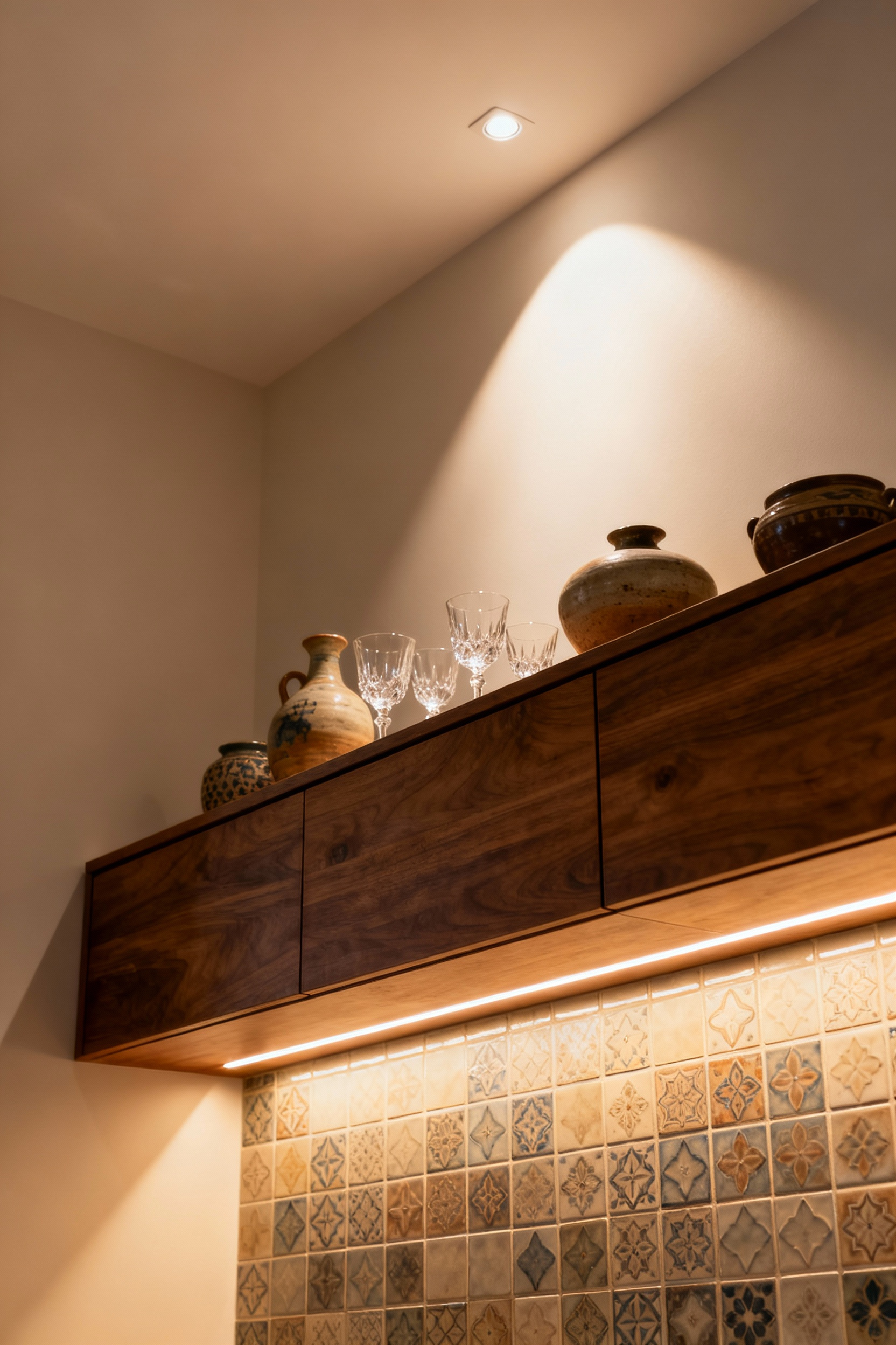 Portrait view of a dining room buffet with warm under-cabinet LED lighting illuminating artisanal pottery and decorative wall tiles.