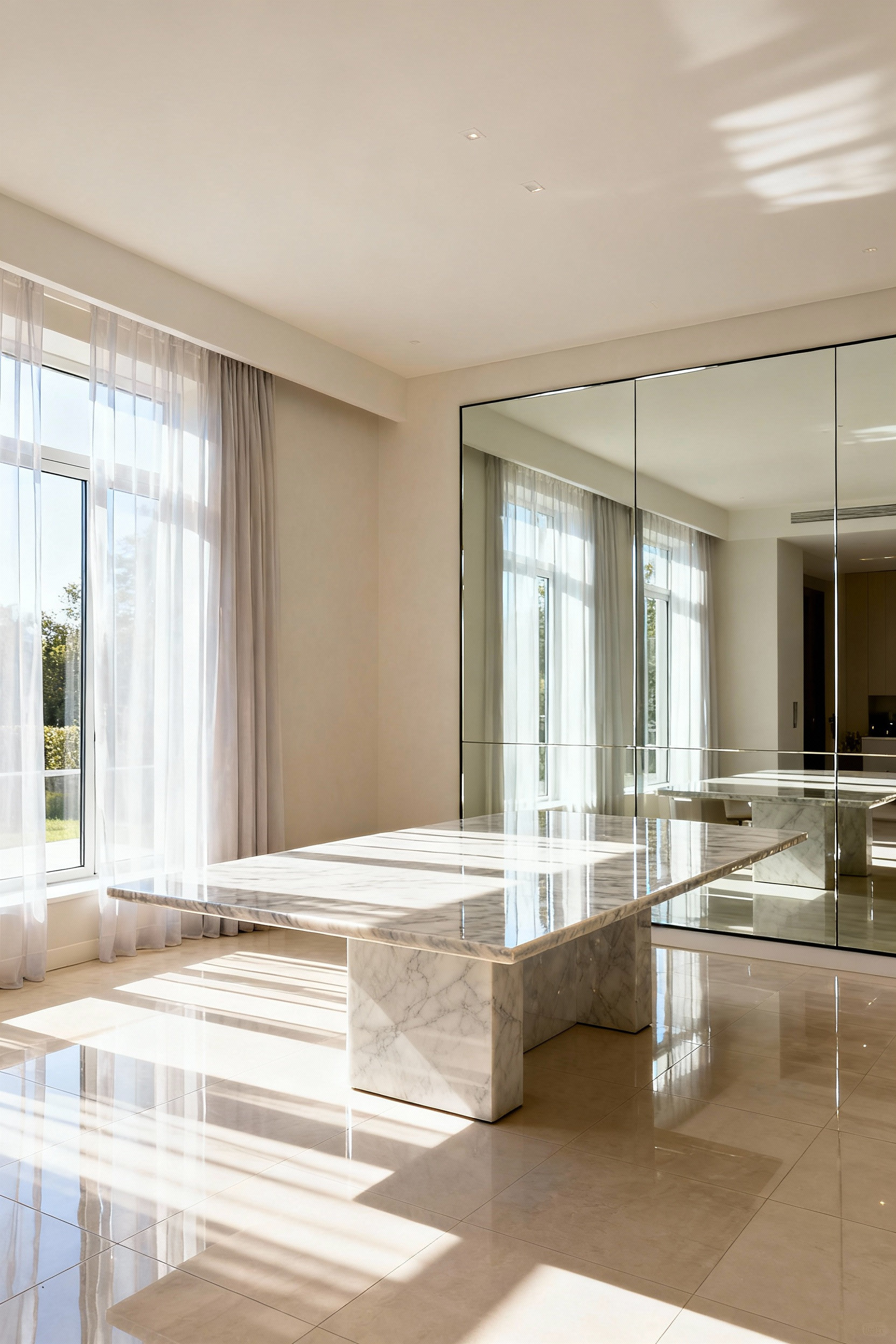 Elegant dining room with large windows, a grand polished mirror, and a marble dining table, expertly integrating natural light with reflective surfaces for enhanced illumination.