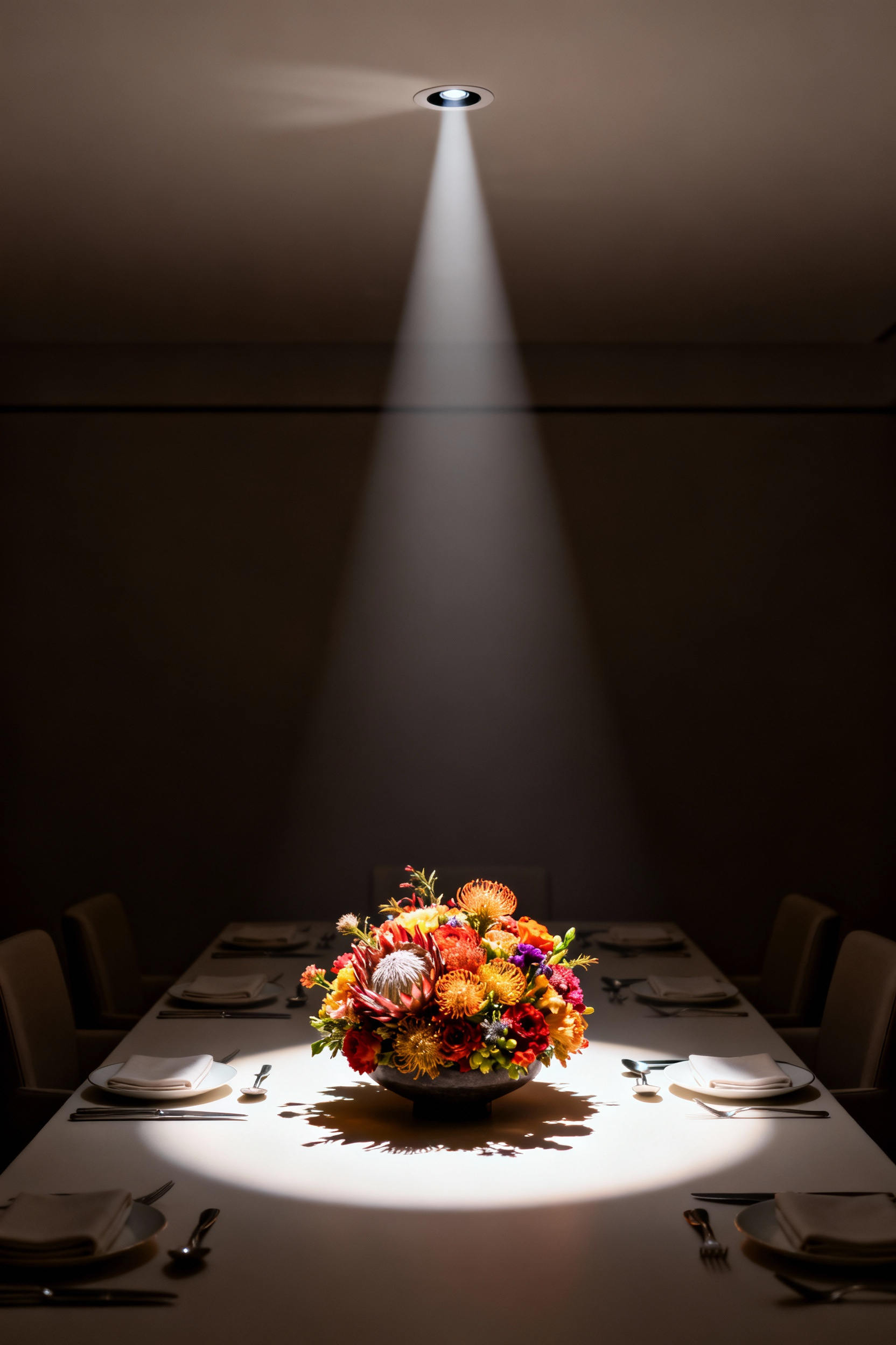 A precisely lit floral centerpiece on an elegant dining table, showcasing a narrow beam angle from a recessed light above, creating a dramatic focal point.