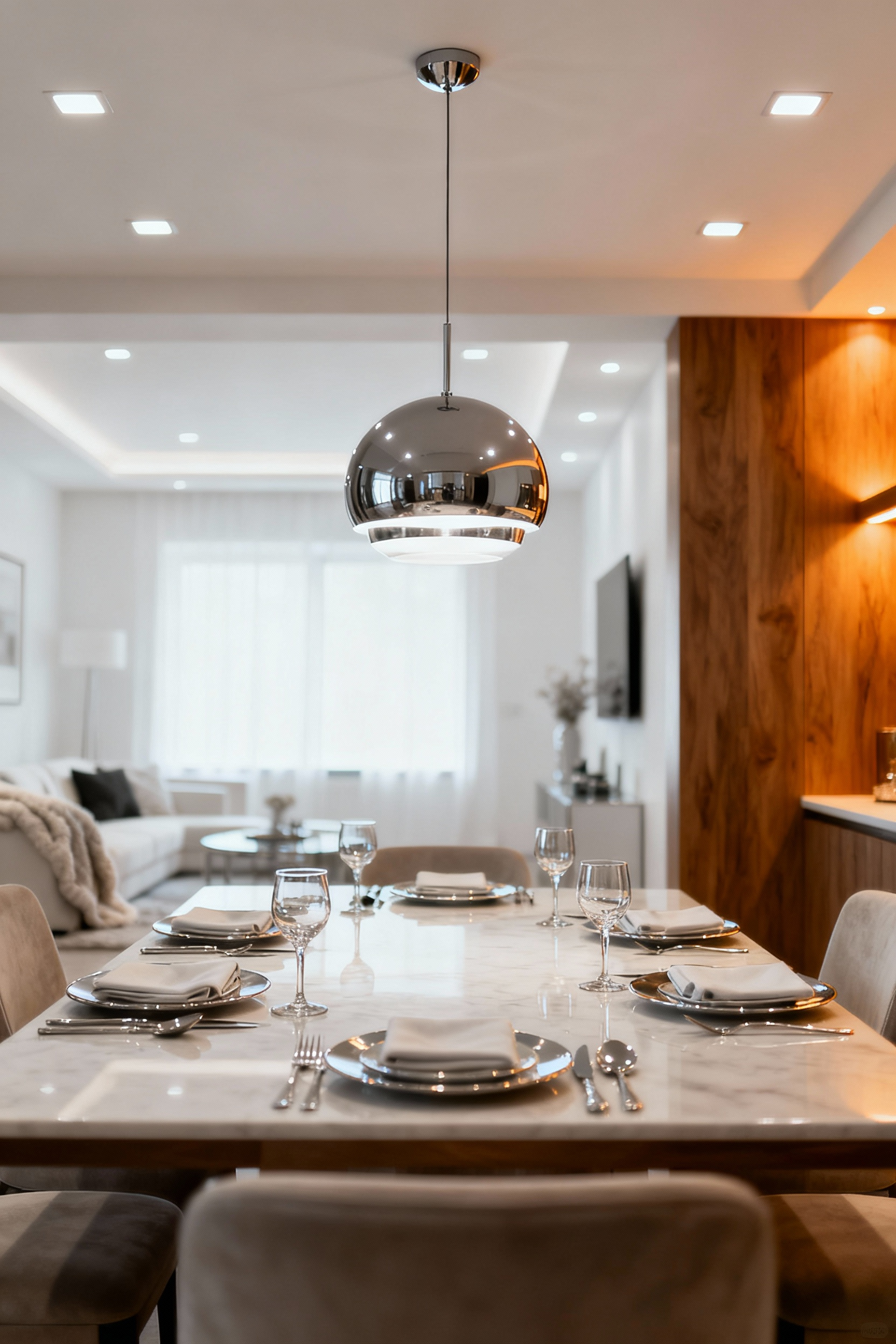 Dining room showing two lighting zones, one with warm 2700K light and the other with neutral 3500K light, illustrating different ambiances.