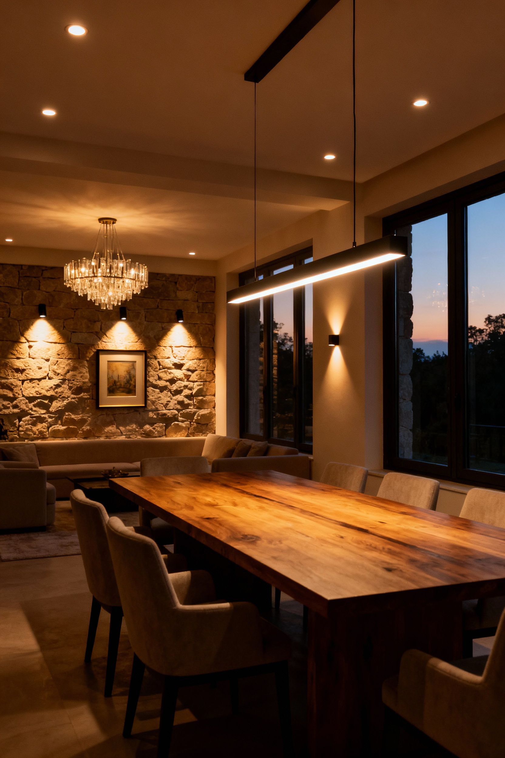A beautifully lit dining room demonstrating layered ambient, task, and accent lighting. A modern dining table is illuminated by a pendant light, while recessed ceiling lights provide ambient glow and spotlights highlight a feature wall. This image explains dining room lighting roles.
