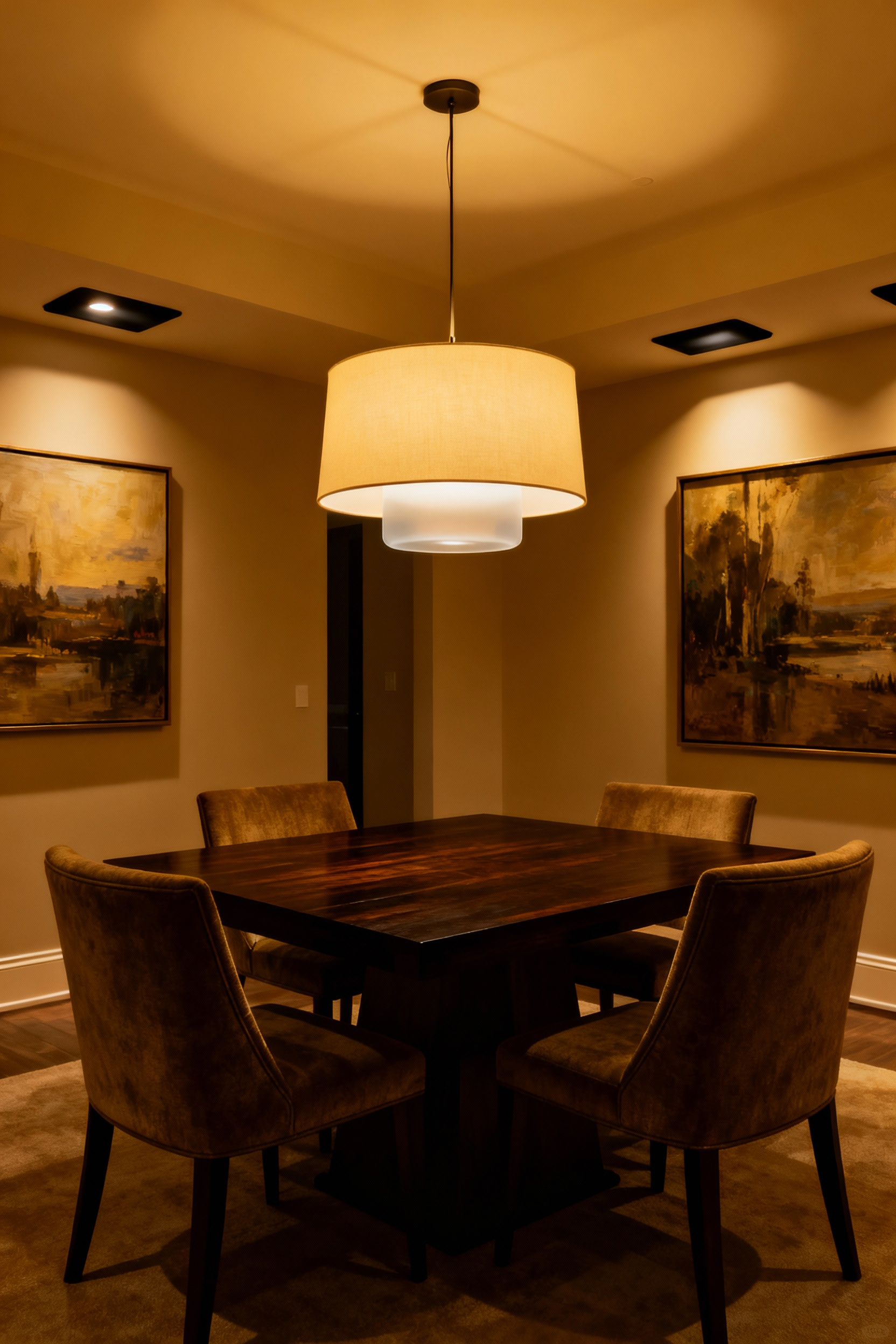 Dining room with a modern pendant light featuring a drum shade and frosted diffuser, demonstrating glare-free lighting over a dining table with chairs. Controlled ambient lighting from recessed fixtures.
